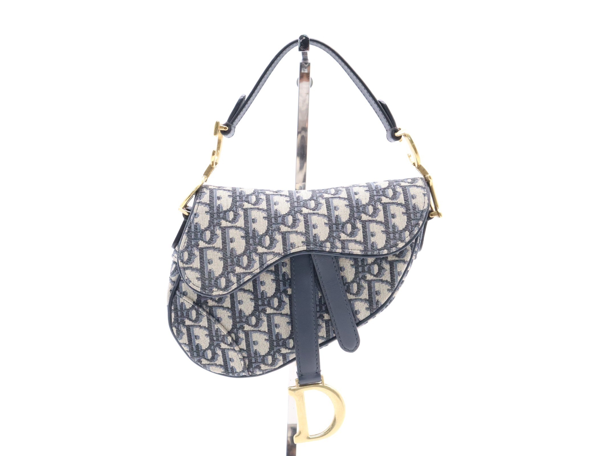 Canvas x Leather Oblique Saddle Bag Handbag, Navy