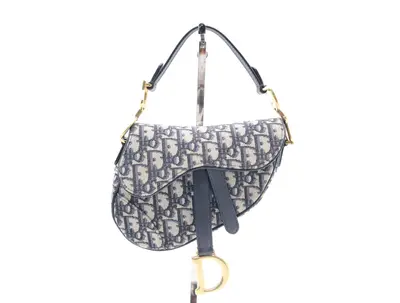 Canvas x Leather Oblique Saddle Bag Handbag, Navy