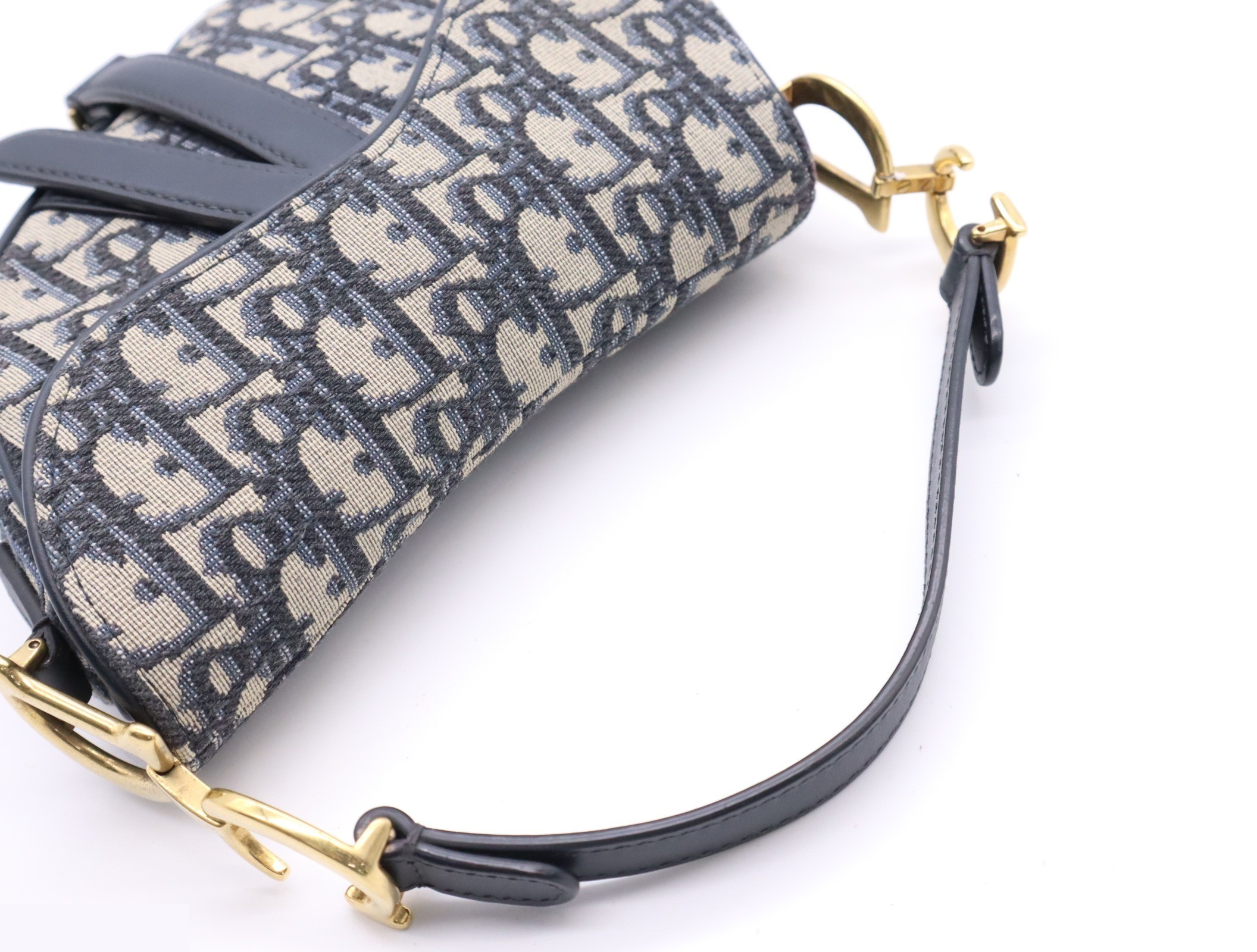 Canvas x Leather Oblique Saddle Bag Handbag, Navy — view 6