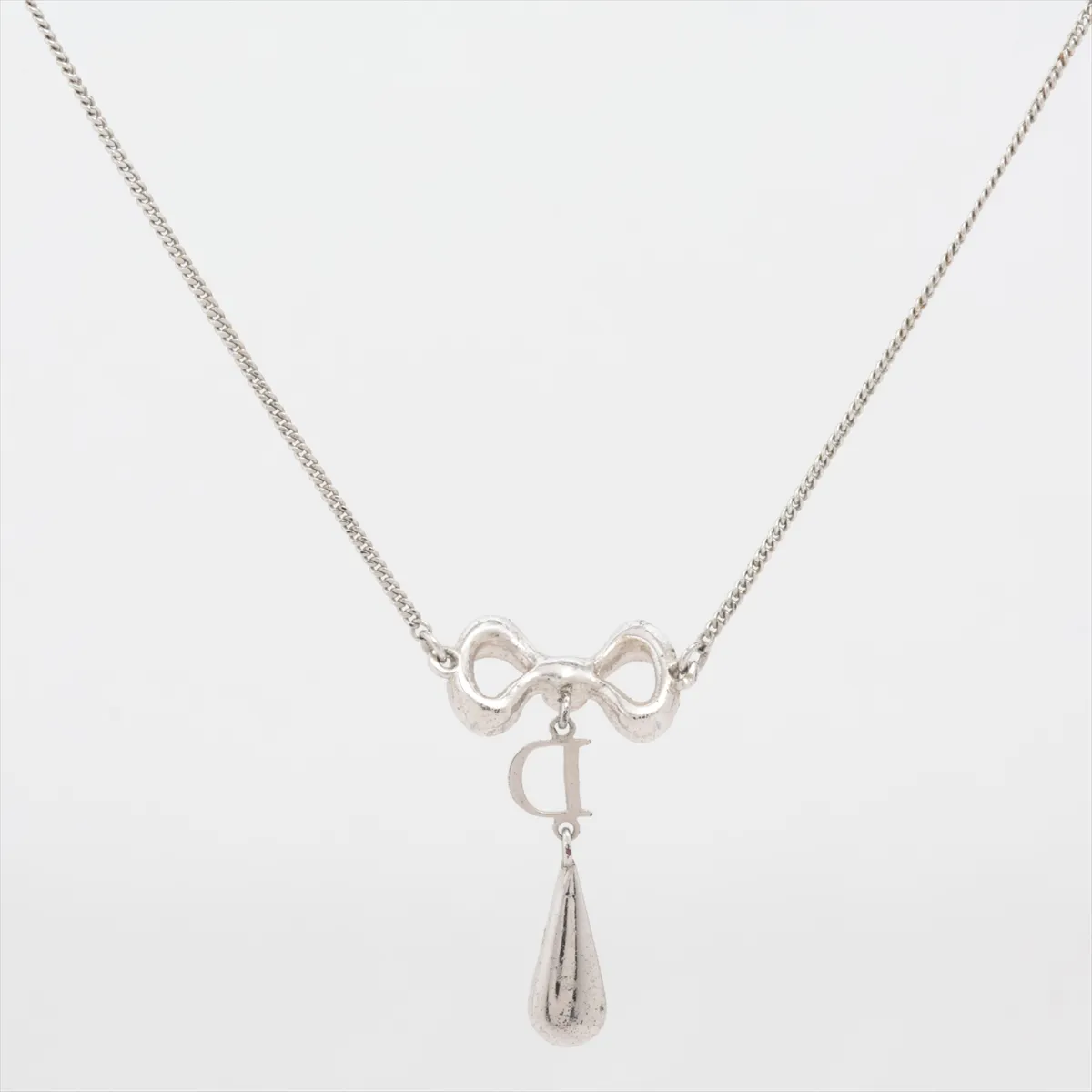 Ribbon Necklace, Metal x Rhinestone, Silver. Shows signs of wear, — view 2
