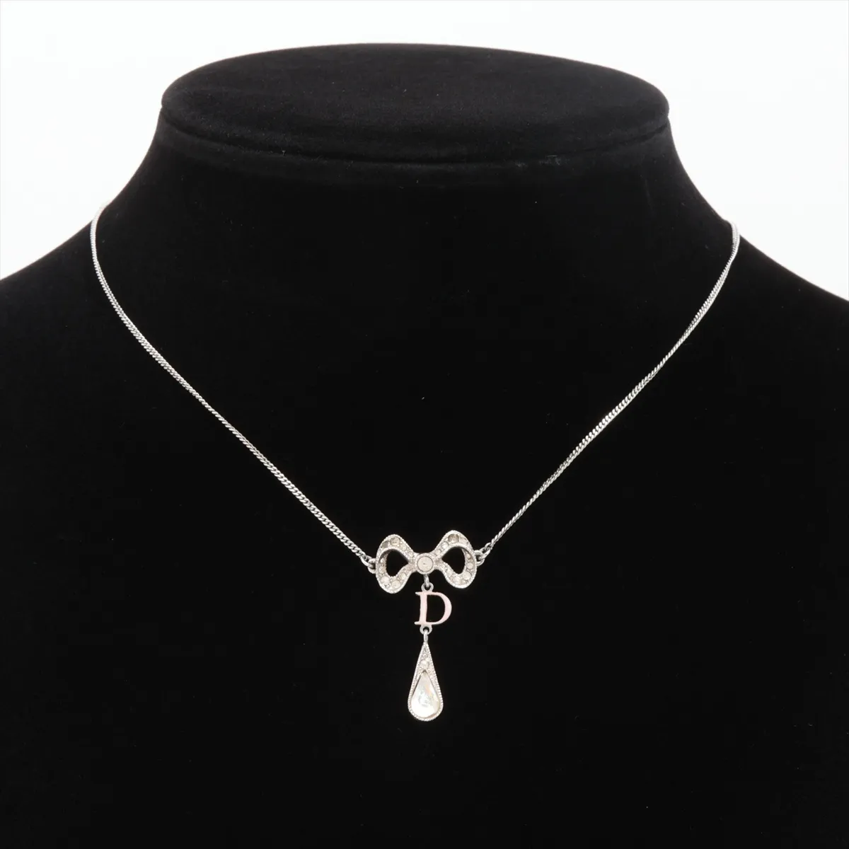 Ribbon Necklace, Metal x Rhinestone, Silver. Shows signs of wear, — view 5