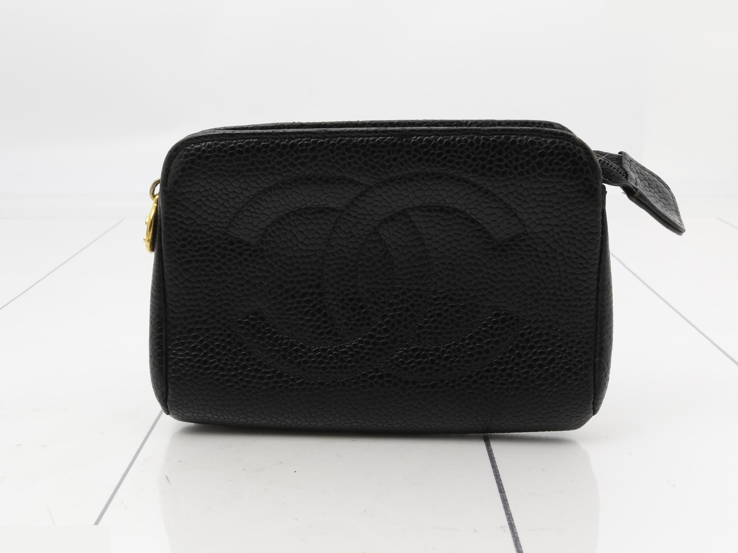 Caviar leather bag/pouch with Coco Mark, black.