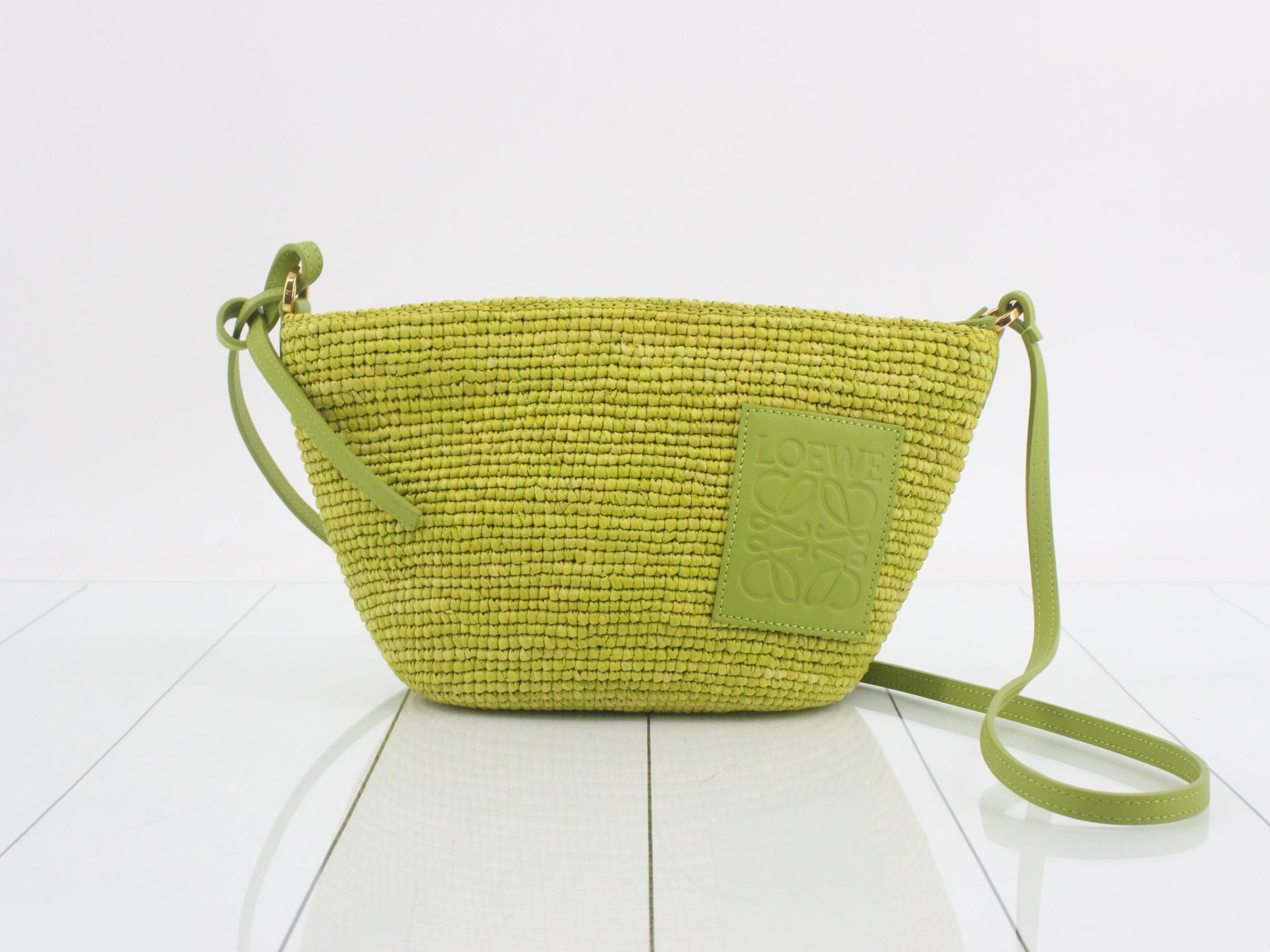 Slit Pouch Bag / Basket Bag, Raffia, Green
