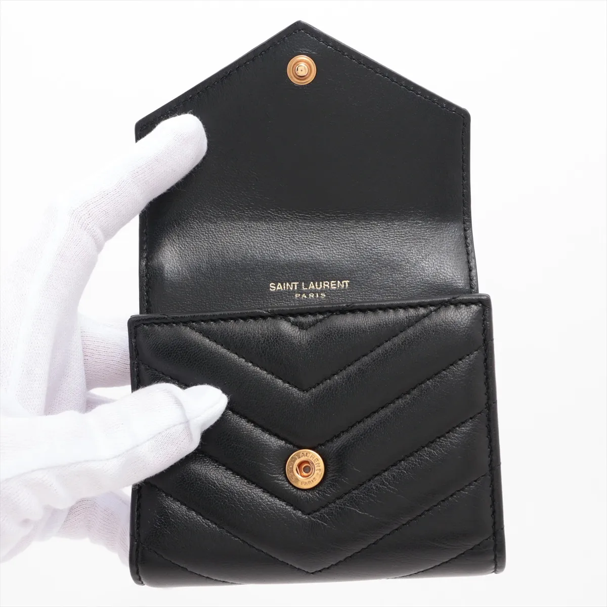 V-stitch GNC692061 Leather Compact Wallet, Black — view 3