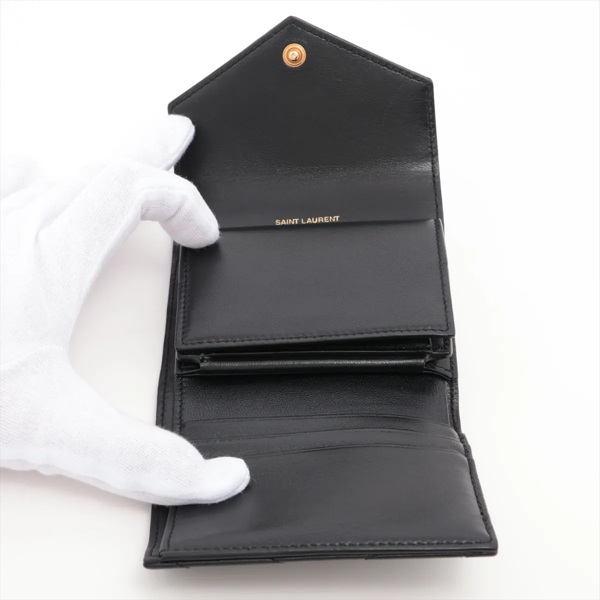 V-stitch GNC692061 Leather Compact Wallet, Black — view 4
