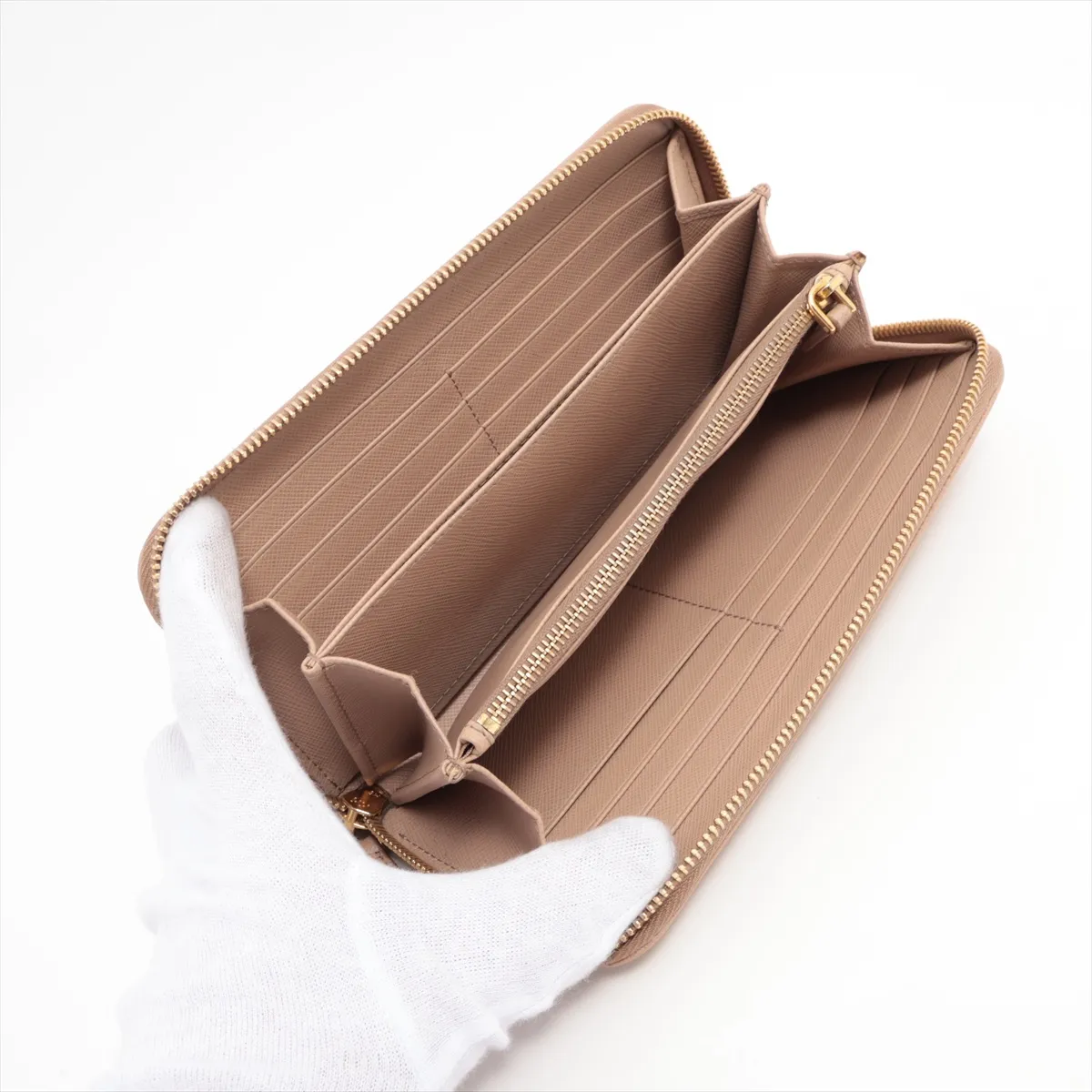Saffiano 1ML506 Leather Round Zip Wallet Beige — view 3
