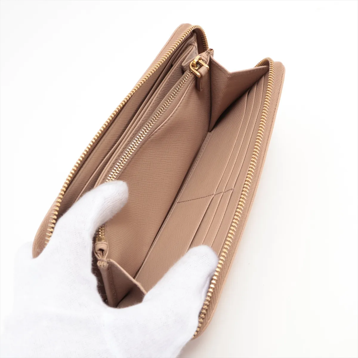 Saffiano 1ML506 Leather Round Zip Wallet Beige — view 8
