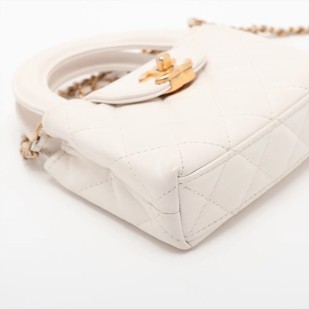 Matelassé Leather 2-Way Handbag, White with Gold Hardware — view 4