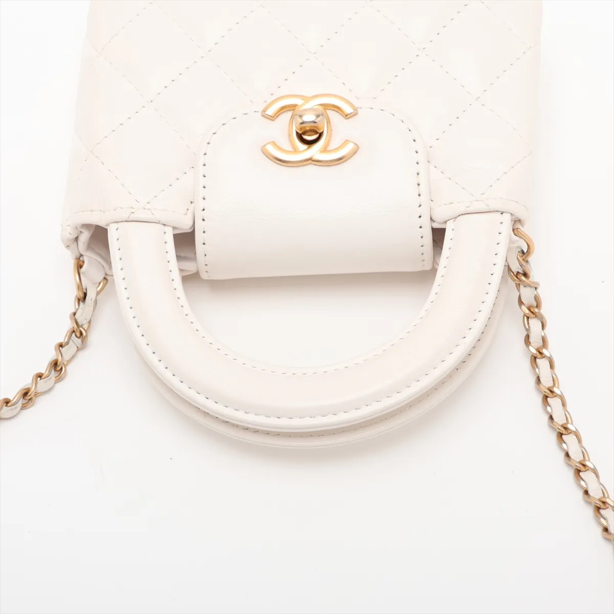 Matelassé Leather 2-Way Handbag, White with Gold Hardware — view 5