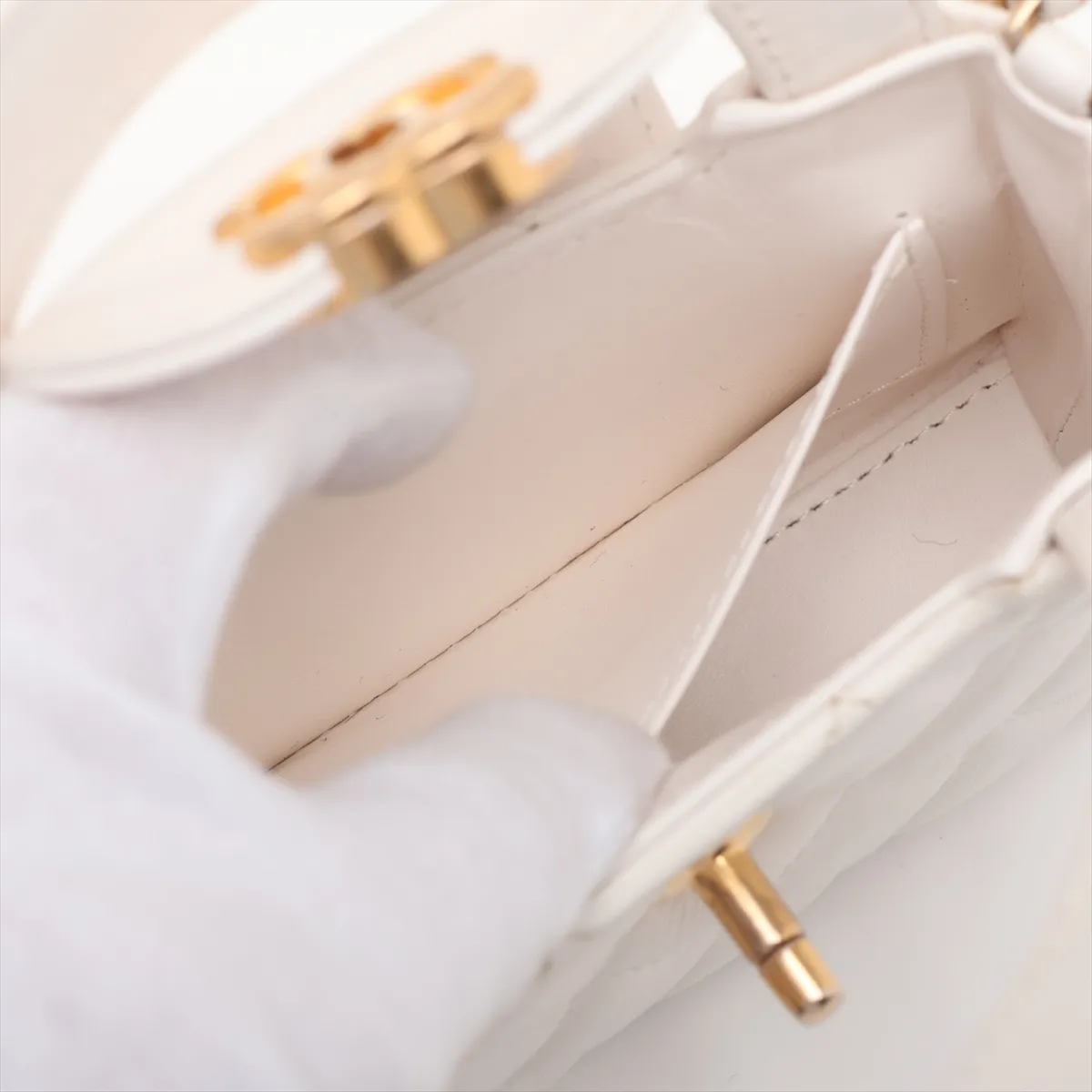Matelassé Leather 2-Way Handbag, White with Gold Hardware — view 9