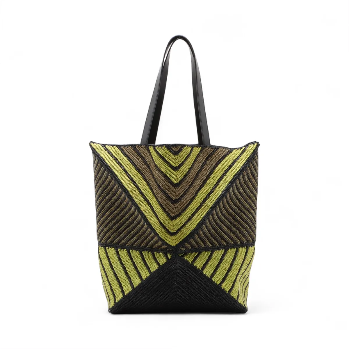 Puzzlefold Tote XL Raffia x Leather Tote Bag Black x Green — view 2