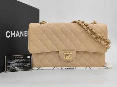 Matelassé 25 Caviar Skin Gold Hardware Double Flap Double Chain Shoulder Bag Card Seal Serial Number A01112 Beige Shoulder Bag