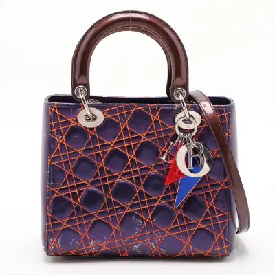 Cannage Lady Dior Leather x Patent Leather 2-Way Handbag, Purple