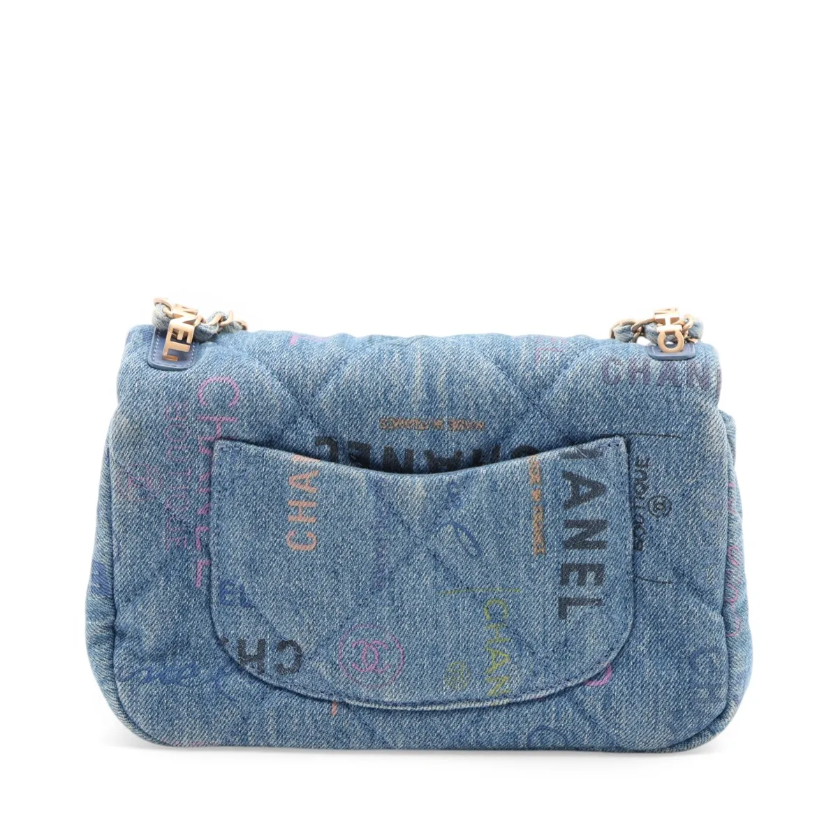 Mini Matelassé Denim x Leather Chain Shoulder Bag, Blue with Gold Hardware, CKL82NH4, Random Plate — view 2