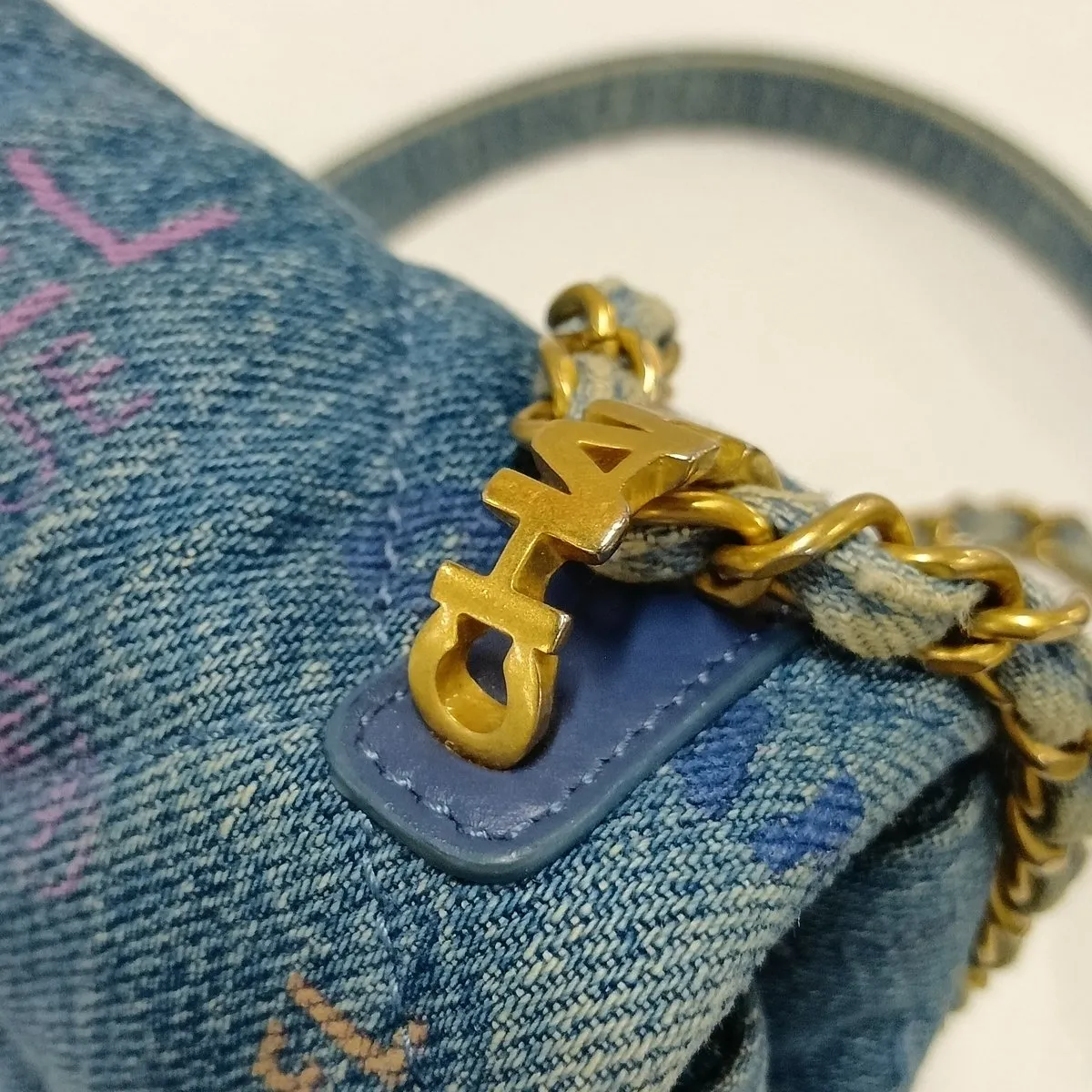 Mini Matelassé Denim x Leather Chain Shoulder Bag, Blue with Gold Hardware, CKL82NH4, Random Plate — view 11