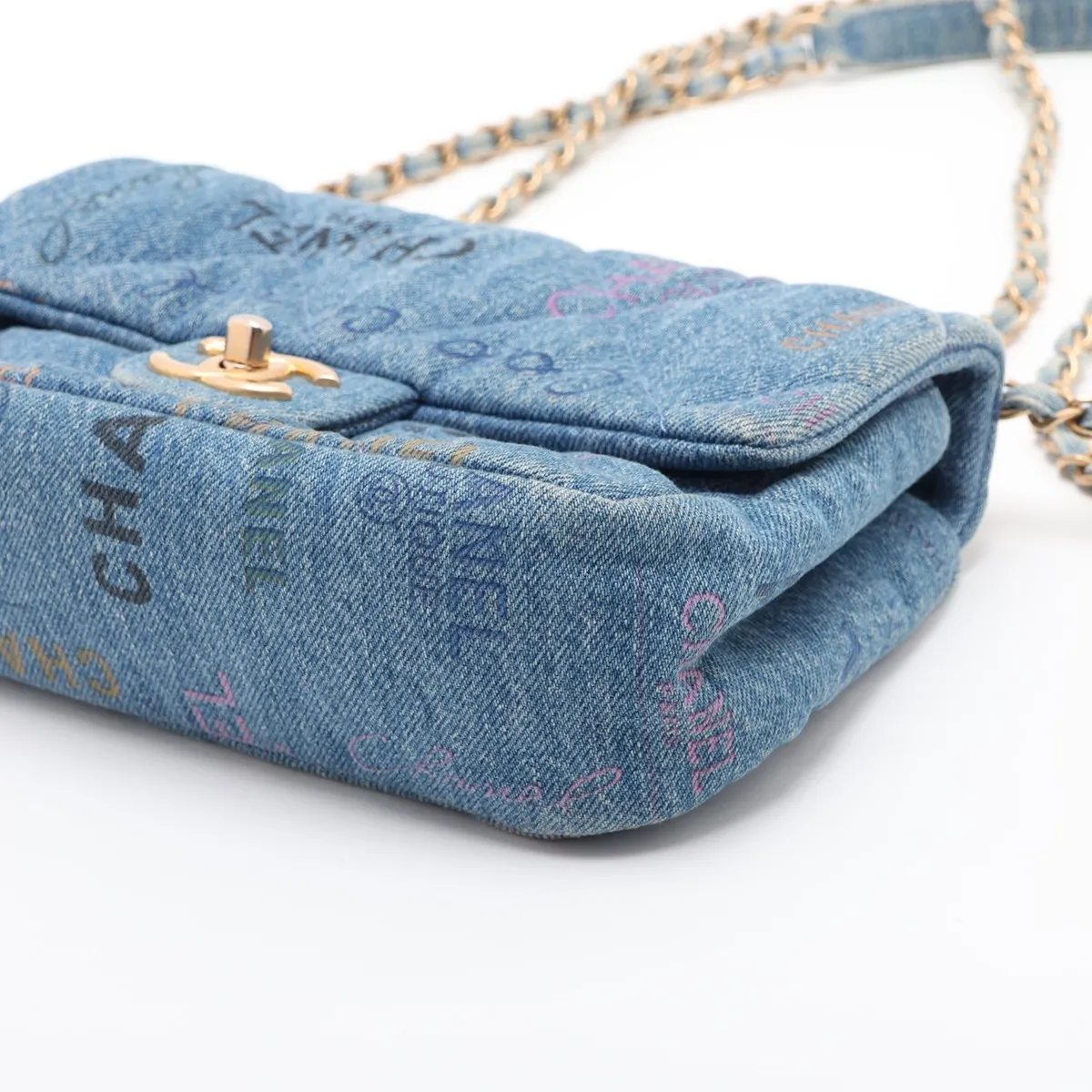 Mini Matelassé Denim x Leather Chain Shoulder Bag, Blue with Gold Hardware, CKL82NH4, Random Plate — view 3