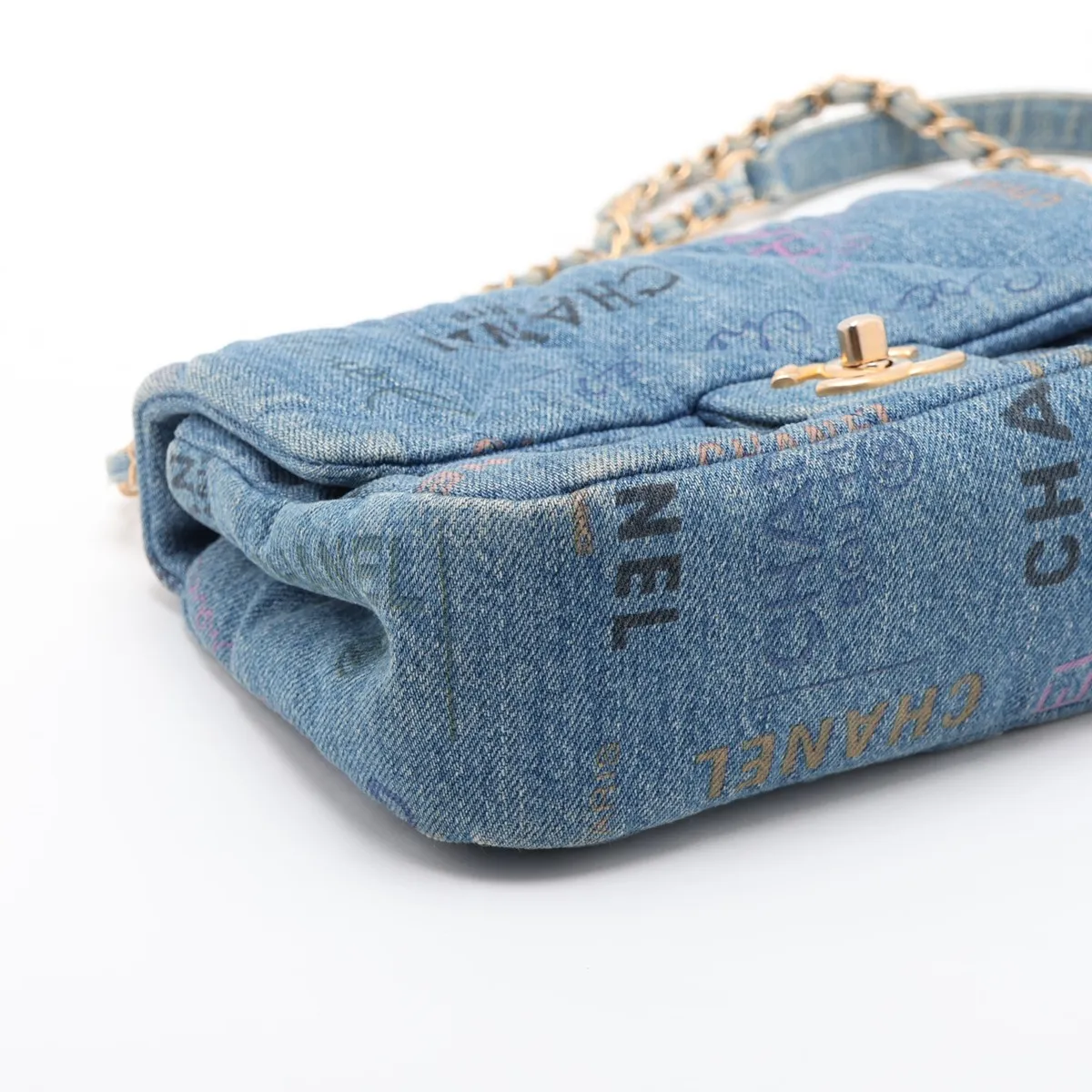 Mini Matelassé Denim x Leather Chain Shoulder Bag, Blue with Gold Hardware, CKL82NH4, Random Plate — view 4