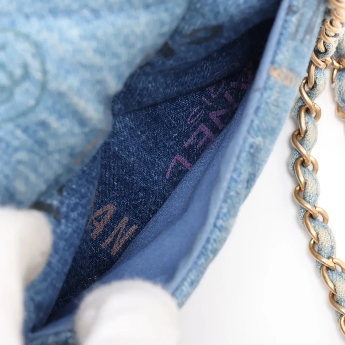 Mini Matelassé Denim x Leather Chain Shoulder Bag, Blue with Gold Hardware, CKL82NH4, Random Plate — view 8