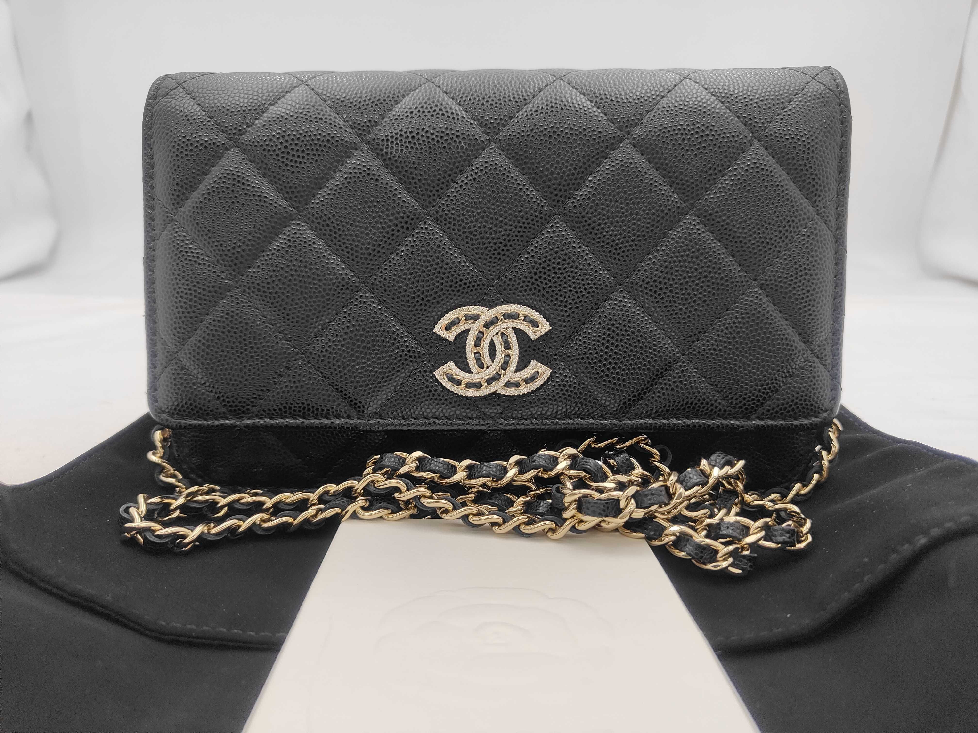 WOC Black Calfskin Rhinestone Button Shoulder Bag