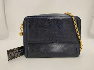 Caviar Skin Coco Mark Chain Shoulder Bag, Blue Shoulder Bag