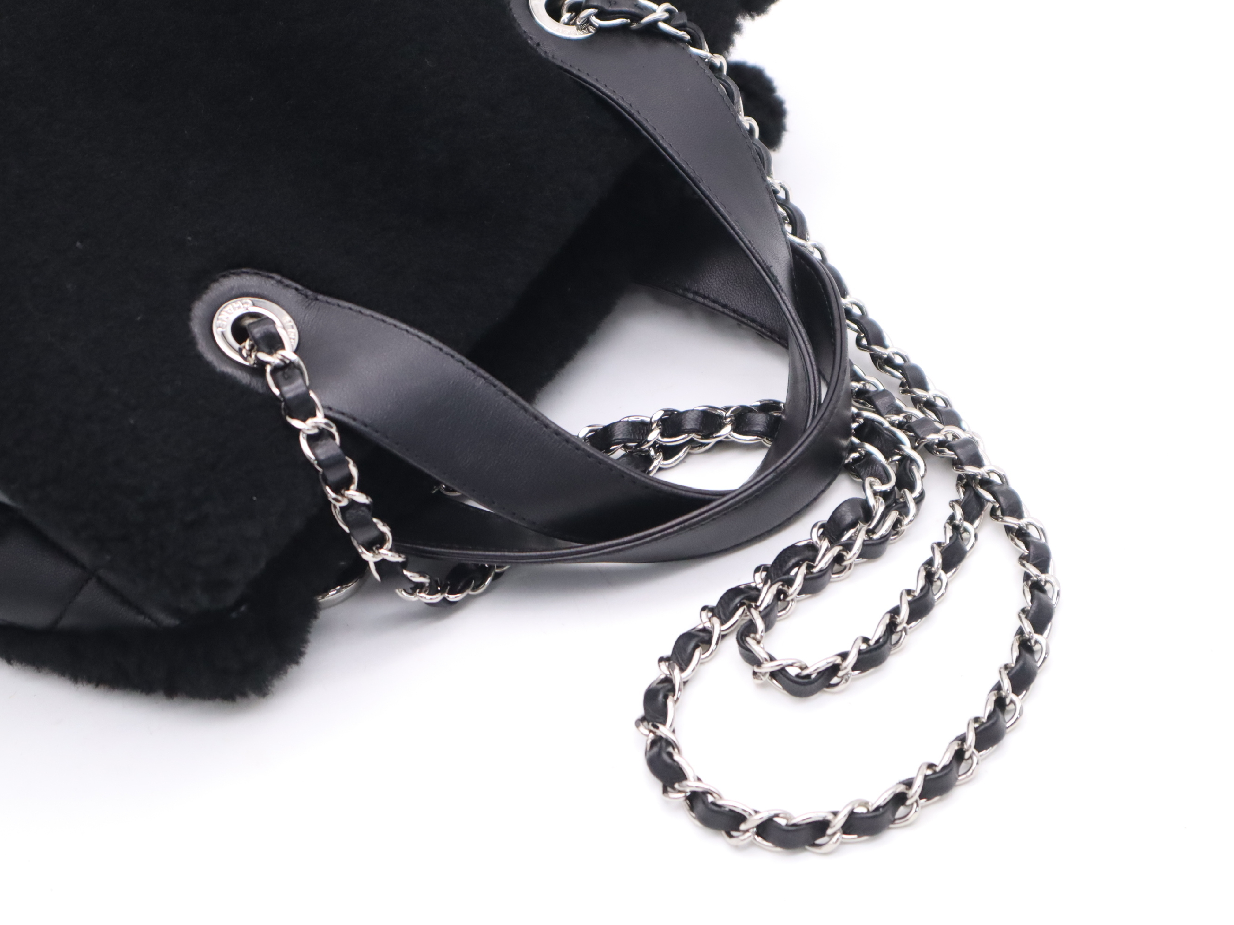 A92594 Shearling Lambskin Tote Bag, Black, Silver Hardware, with Seal, Card, and Dust Bag (20383555) — view 6