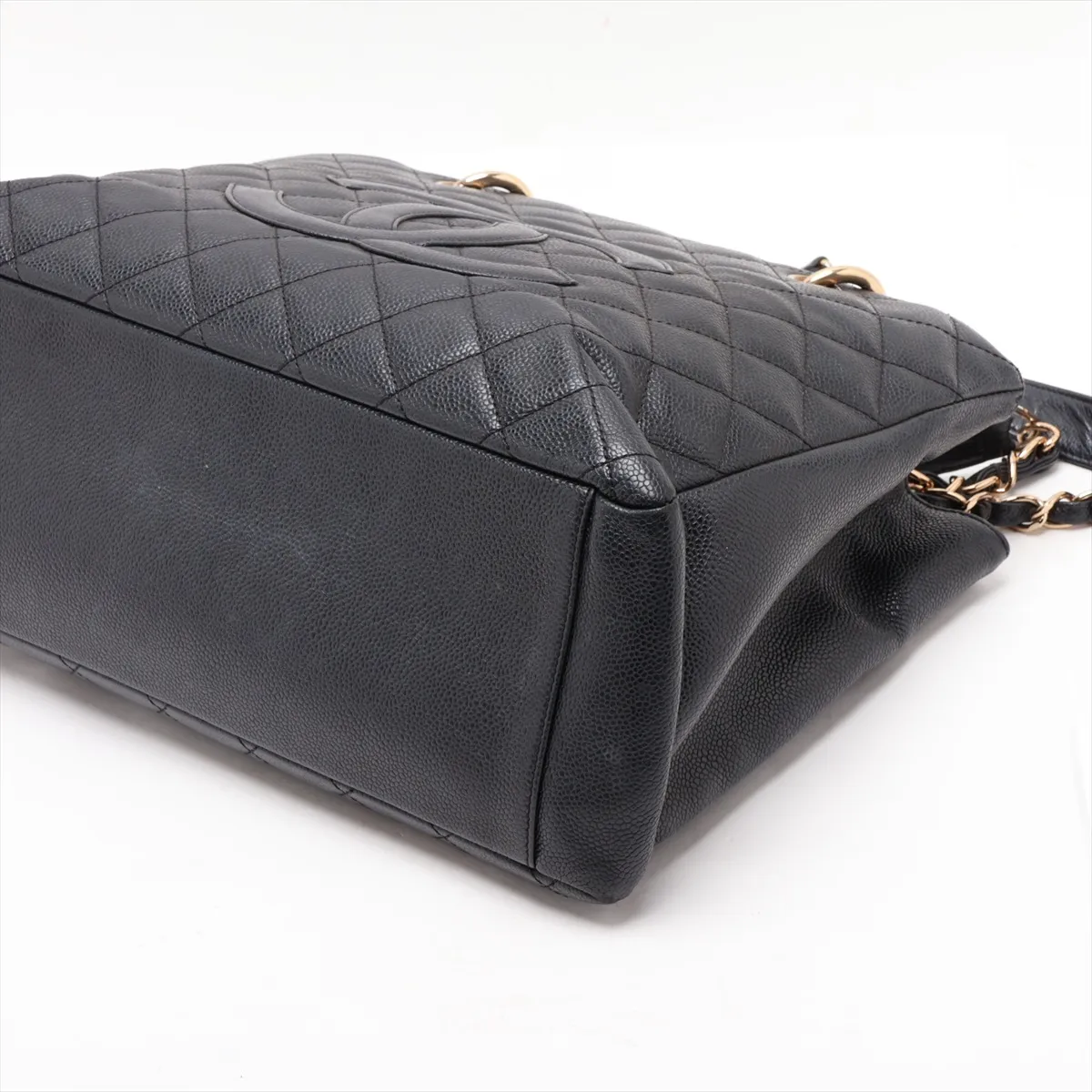 GST Caviar Skin Chain Tote Bag, Black with Gold Hardware — view 3