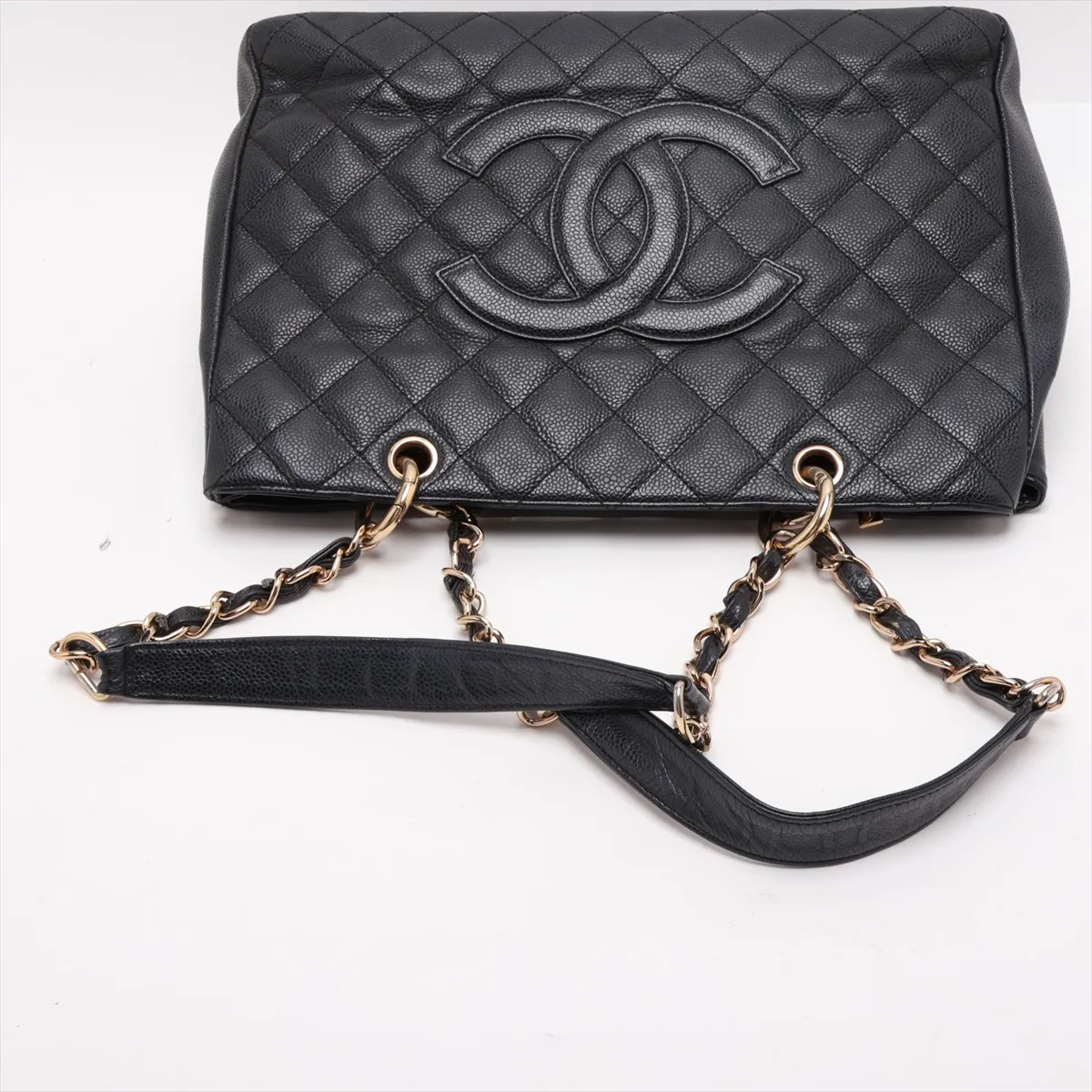 GST Caviar Skin Chain Tote Bag, Black with Gold Hardware — view 5