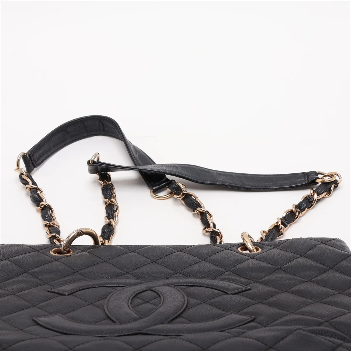 GST Caviar Skin Chain Tote Bag, Black with Gold Hardware — view 6