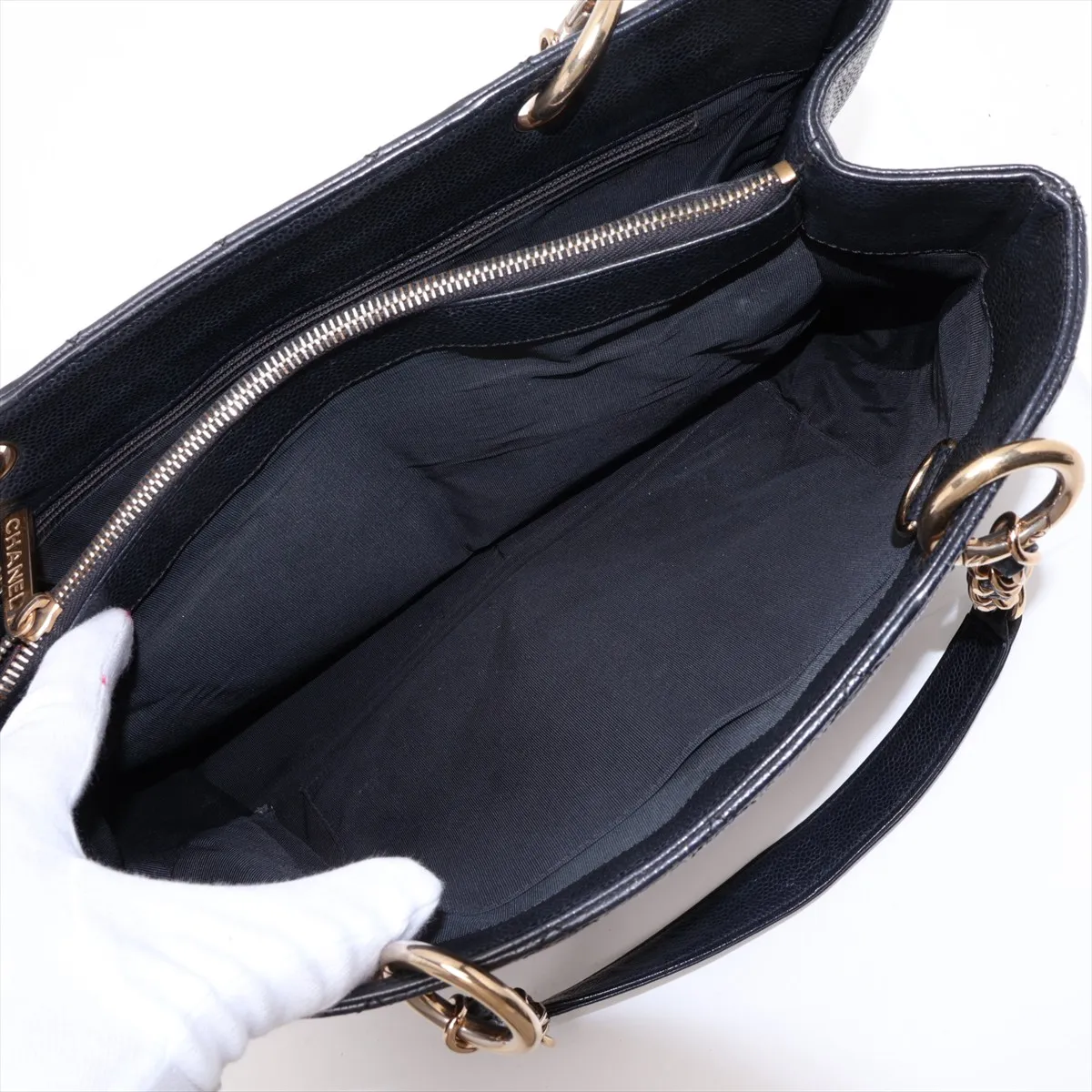 GST Caviar Skin Chain Tote Bag, Black with Gold Hardware — view 7
