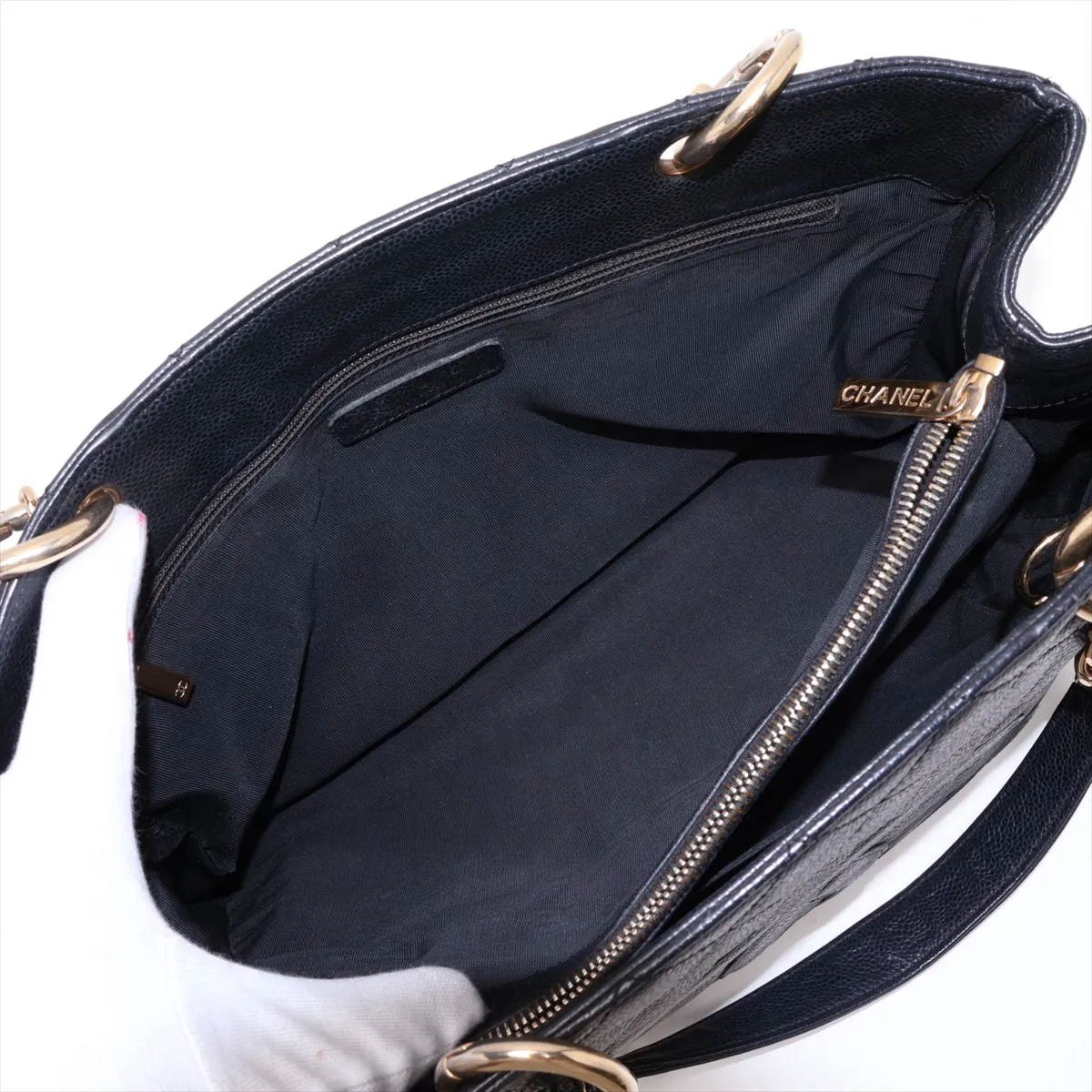 GST Caviar Skin Chain Tote Bag, Black with Gold Hardware — view 10