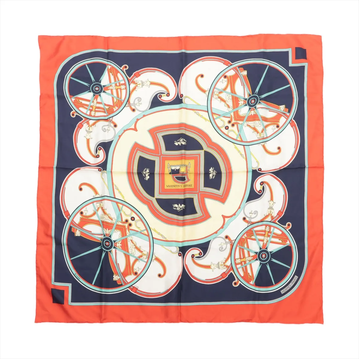 Carre 90 WASHINGTON’S CARRIAGE (George Washington's Carriage) Scarf, Silk, Red x Multicolor.