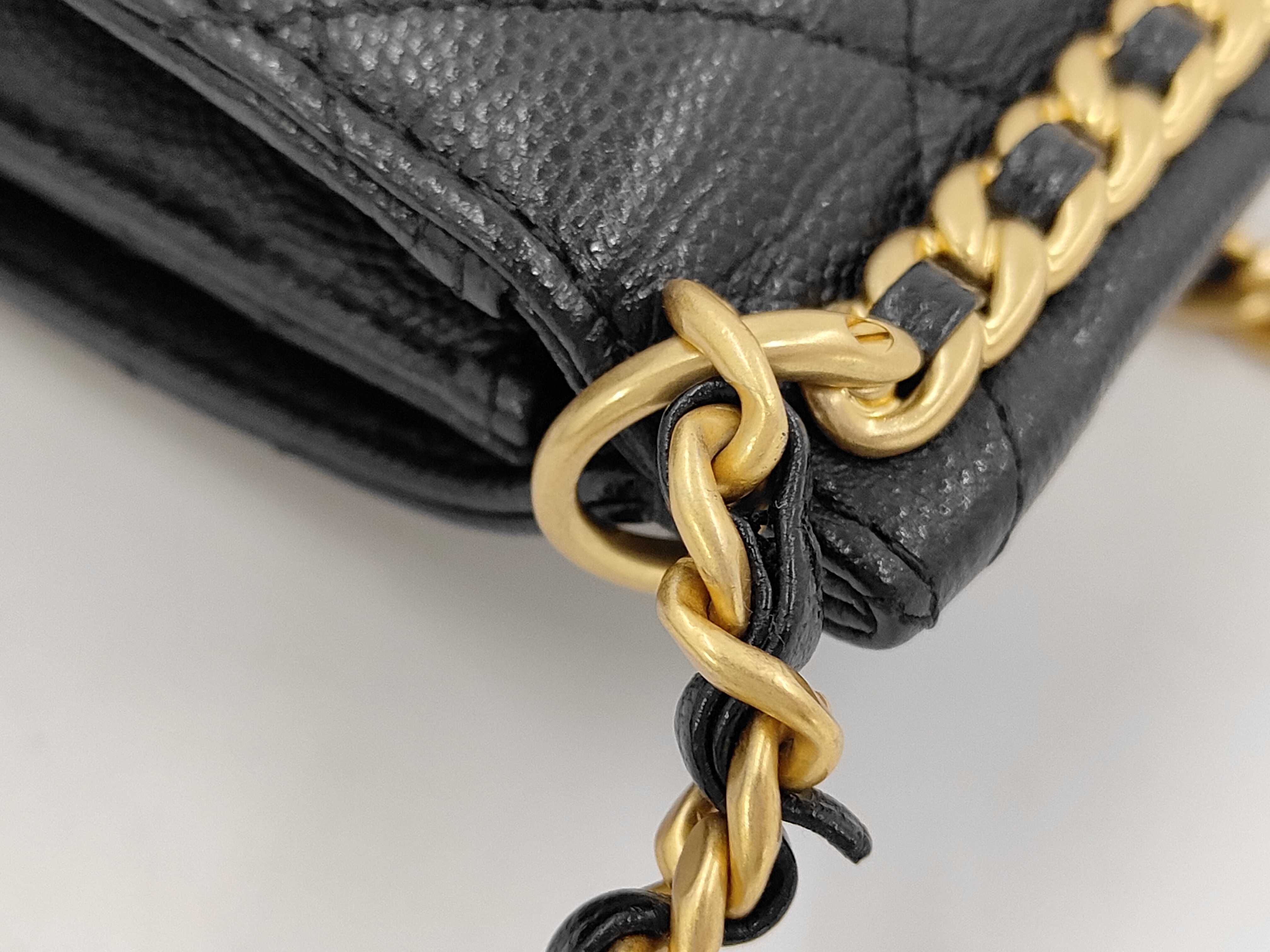 Matelassé Caviar Skin Chain-Around Backpack with Gold Hardware and Serial Number Plate, Black Shoulder Bag — view 7