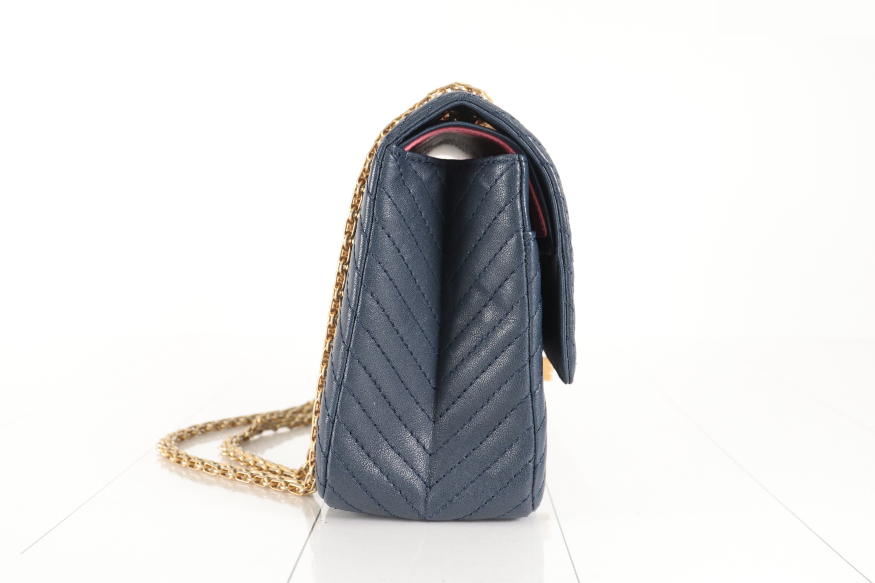 Chevron Double Flap Calfskin 2.55 Chain Shoulder Bag Navy Serial Number 23 — view 4