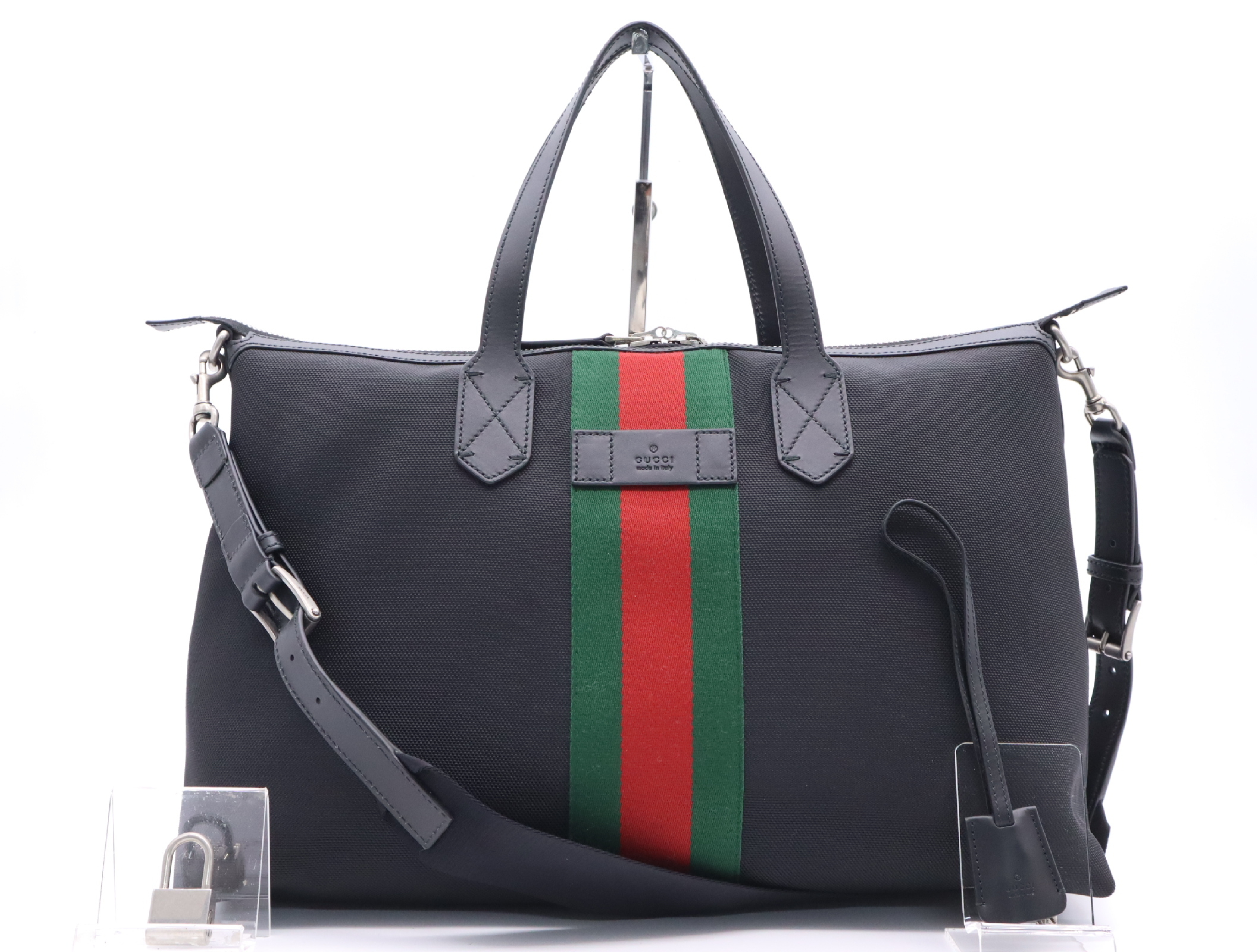 61975 Nylon Sherry Line 2-Way Boston Bag with Shoulder Strap, Padlock, 2 Keys, and Clochette - Black Tote Bag