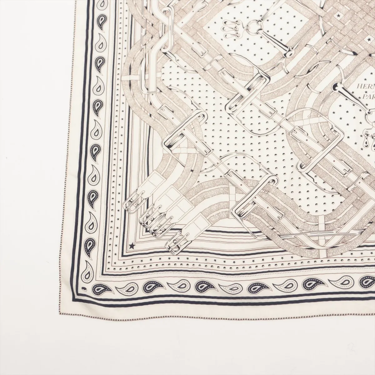 Carre Geant CHEVAL DE COEUR BANDANA scarf, cashmere x silk, beige x navy. Shows signs of wear, — view 5