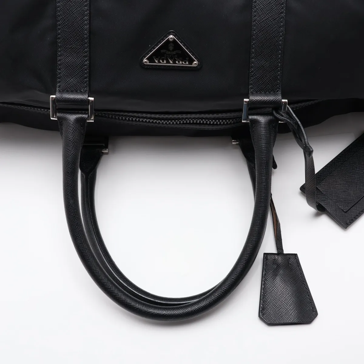 Saffiano x Tessuto Nylon x Leather Boston Bag, Black — view 5