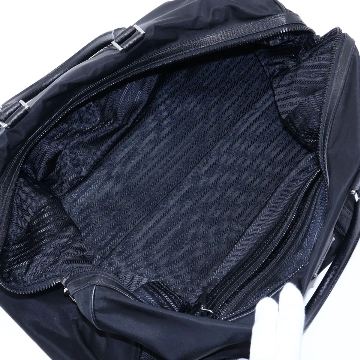 Saffiano x Tessuto Nylon x Leather Boston Bag, Black — view 7