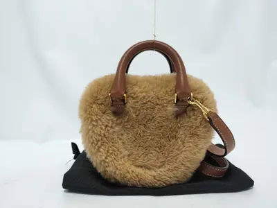 2-way handbag with long strap, shearling, heart design, brown handbag