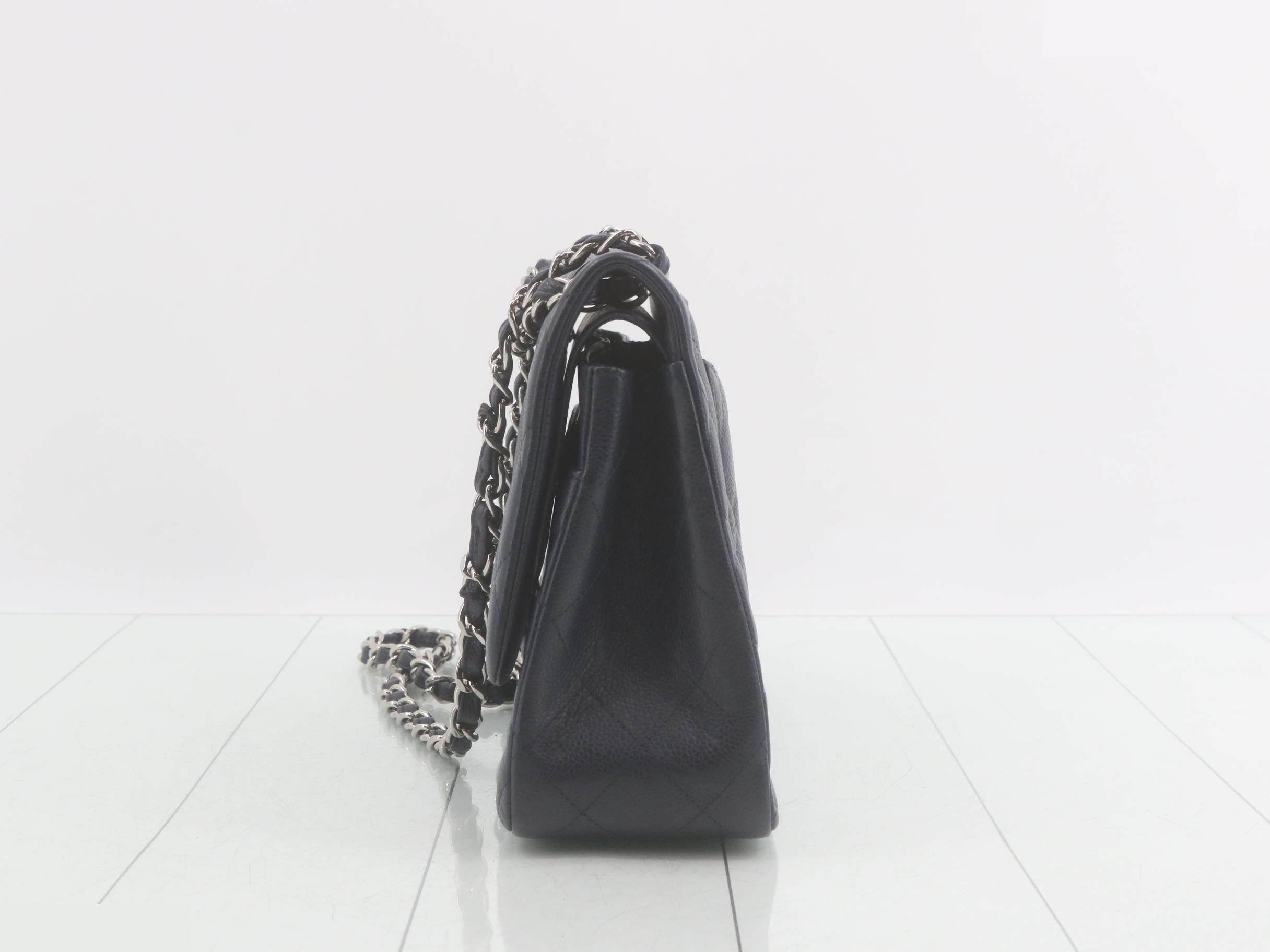 Matelassé 30 Caviar Leather Double Flap Double Chain Shoulder Bag, Navy — view 3