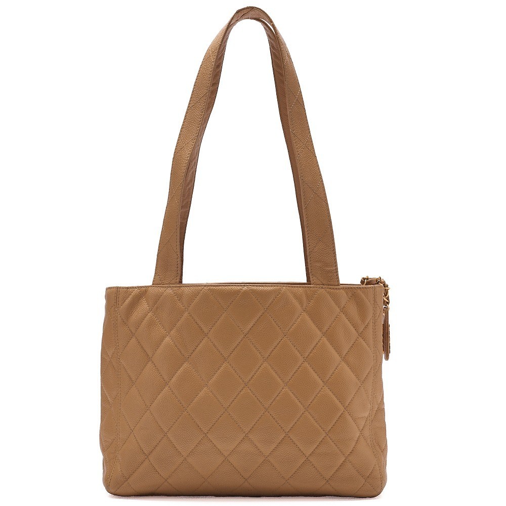 Caviar leather tote bag with plate charm, beige, gold hardware. — view 2