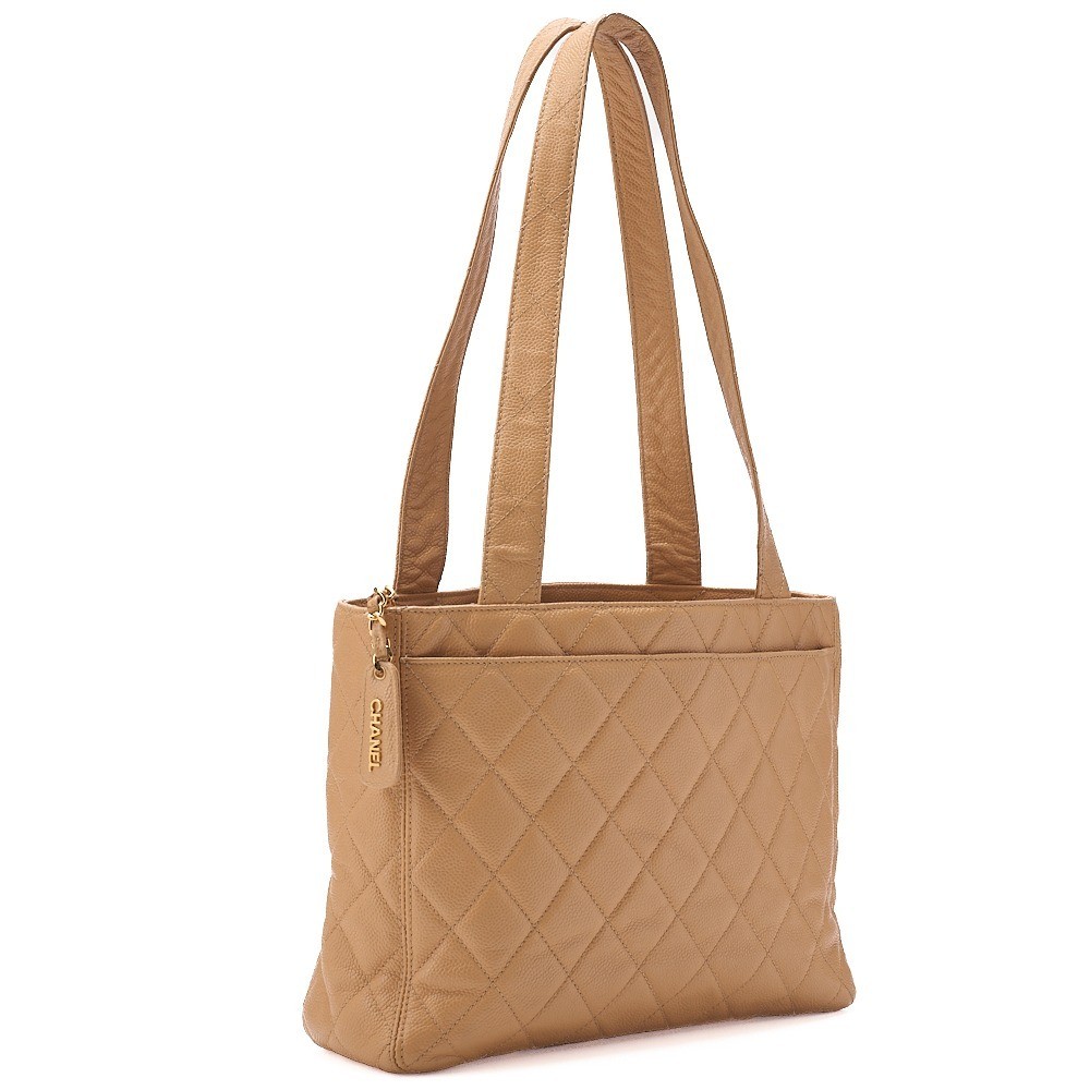 Caviar leather tote bag with plate charm, beige, gold hardware. — view 3