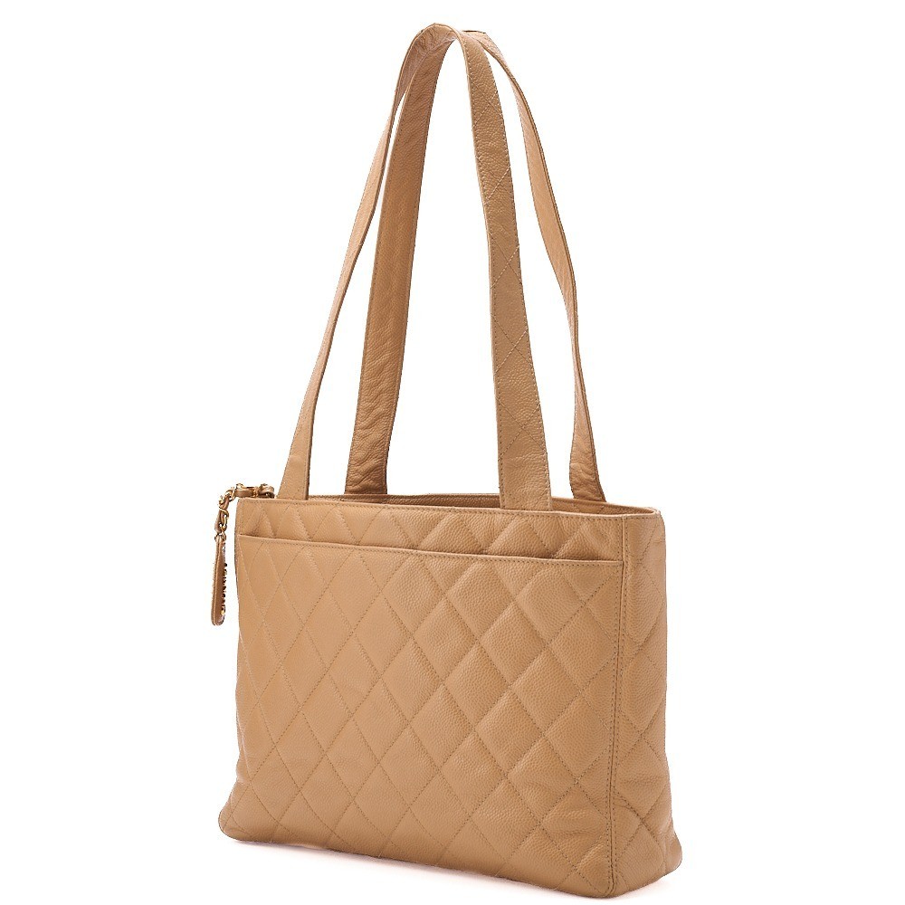 Caviar leather tote bag with plate charm, beige, gold hardware. — view 5