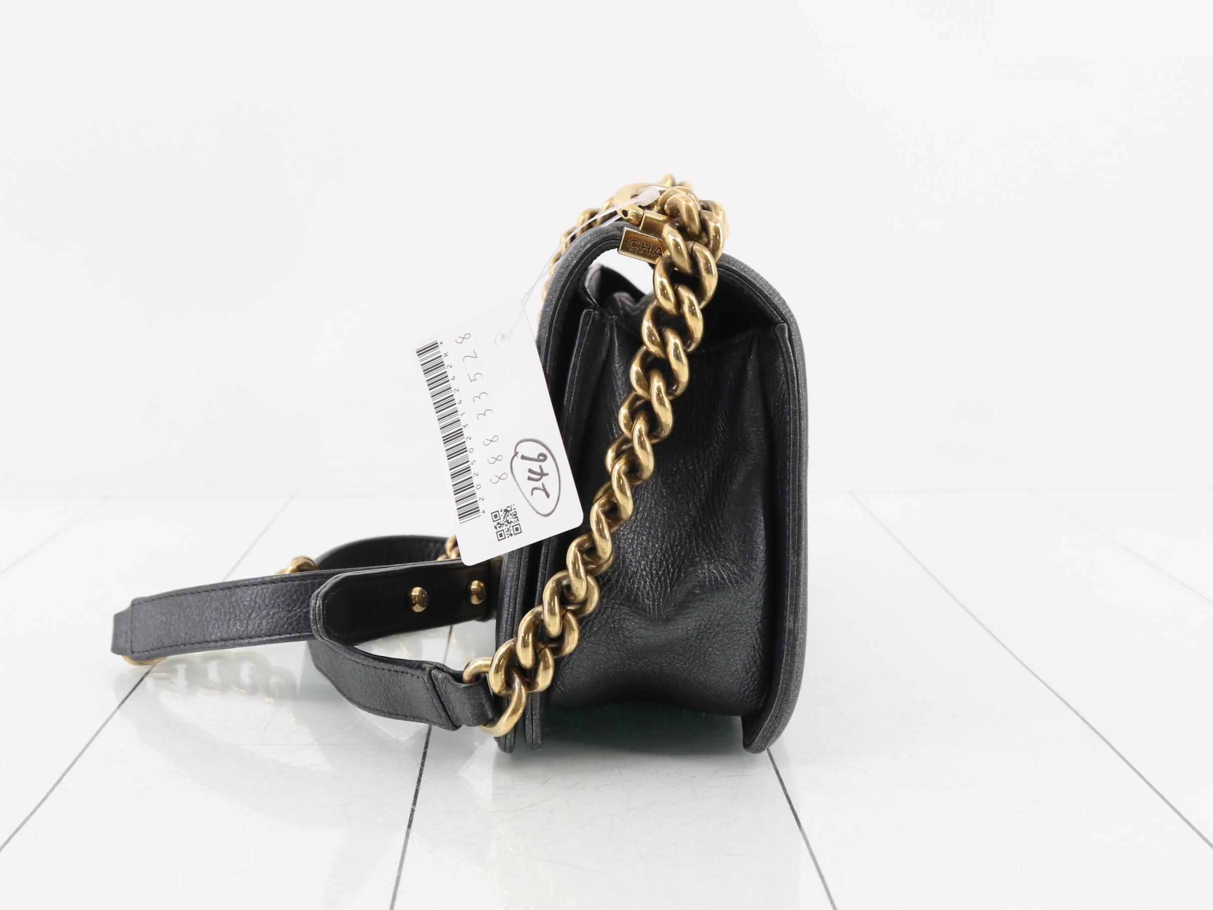 Boy Chanel Leather Chain Shoulder Bag with Gold Hardware — view 3