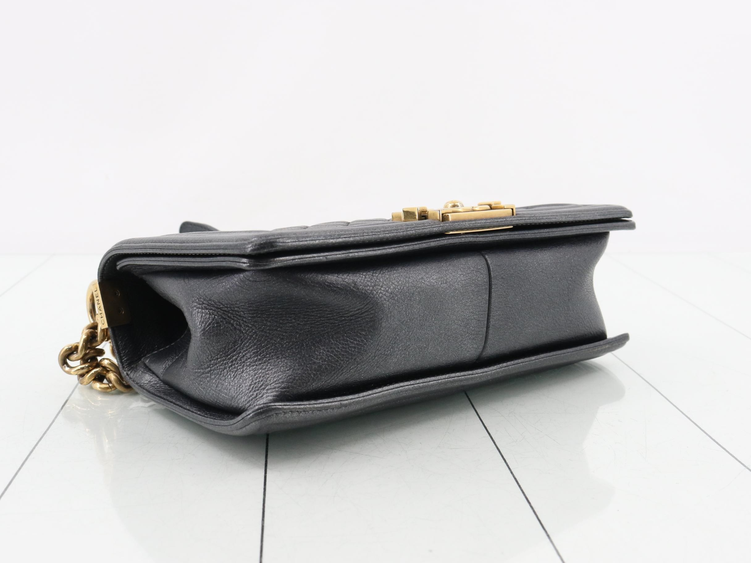 Boy Chanel Leather Chain Shoulder Bag with Gold Hardware — view 5