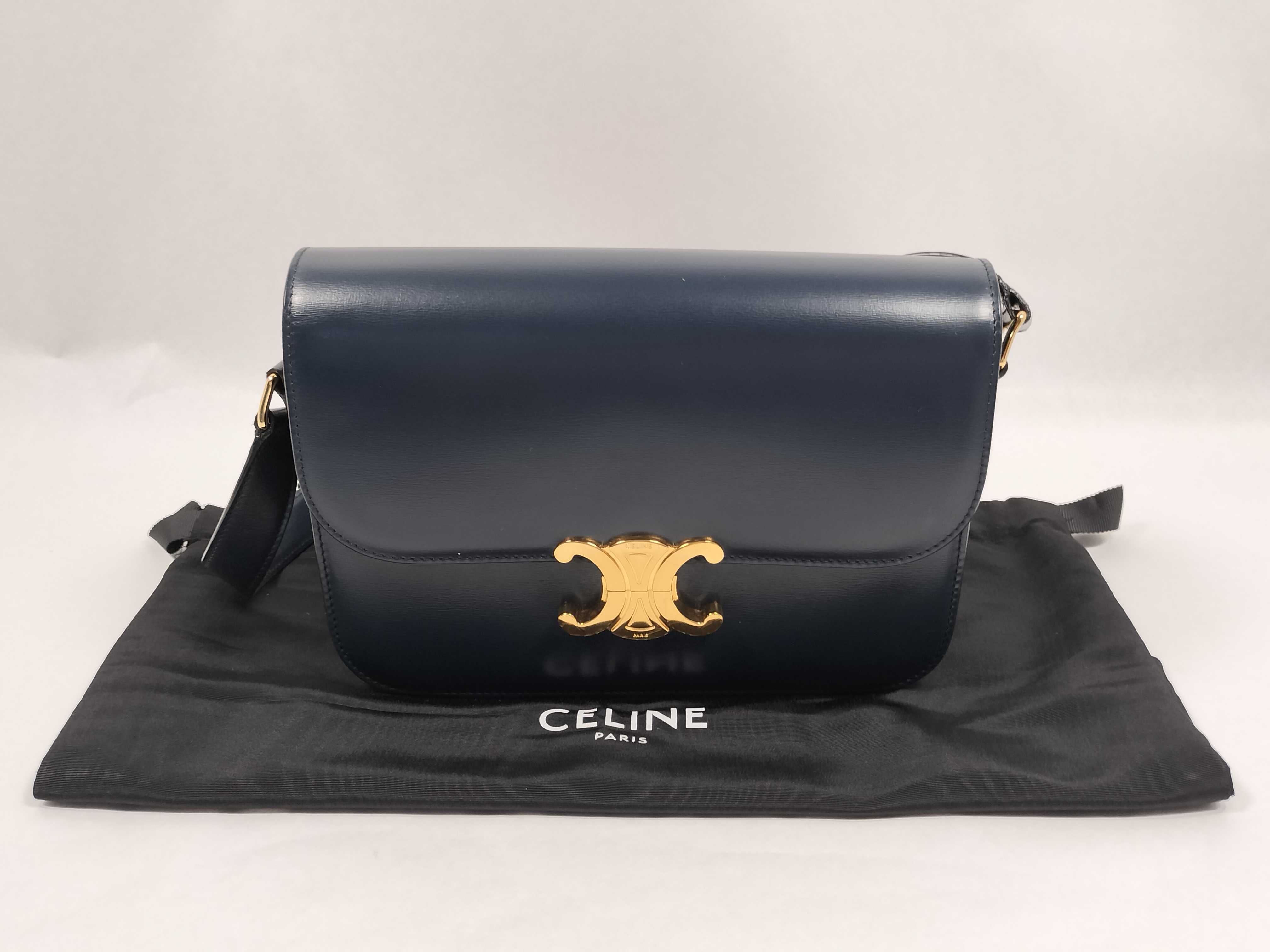 Triomphe Classic Leather Shoulder Bag, Navy, with dust bag.