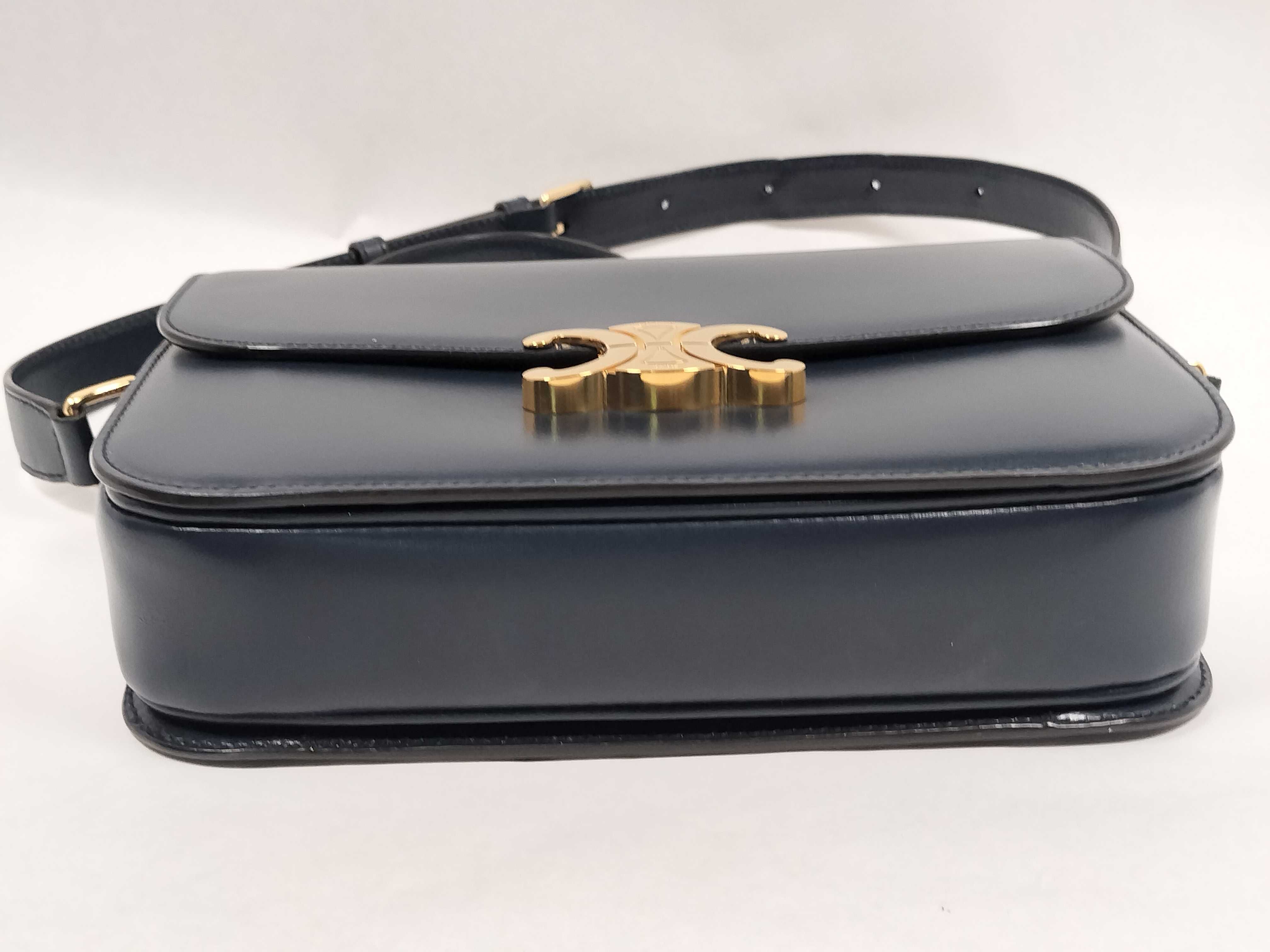 Triomphe Classic Leather Shoulder Bag, Navy, with dust bag. — view 7
