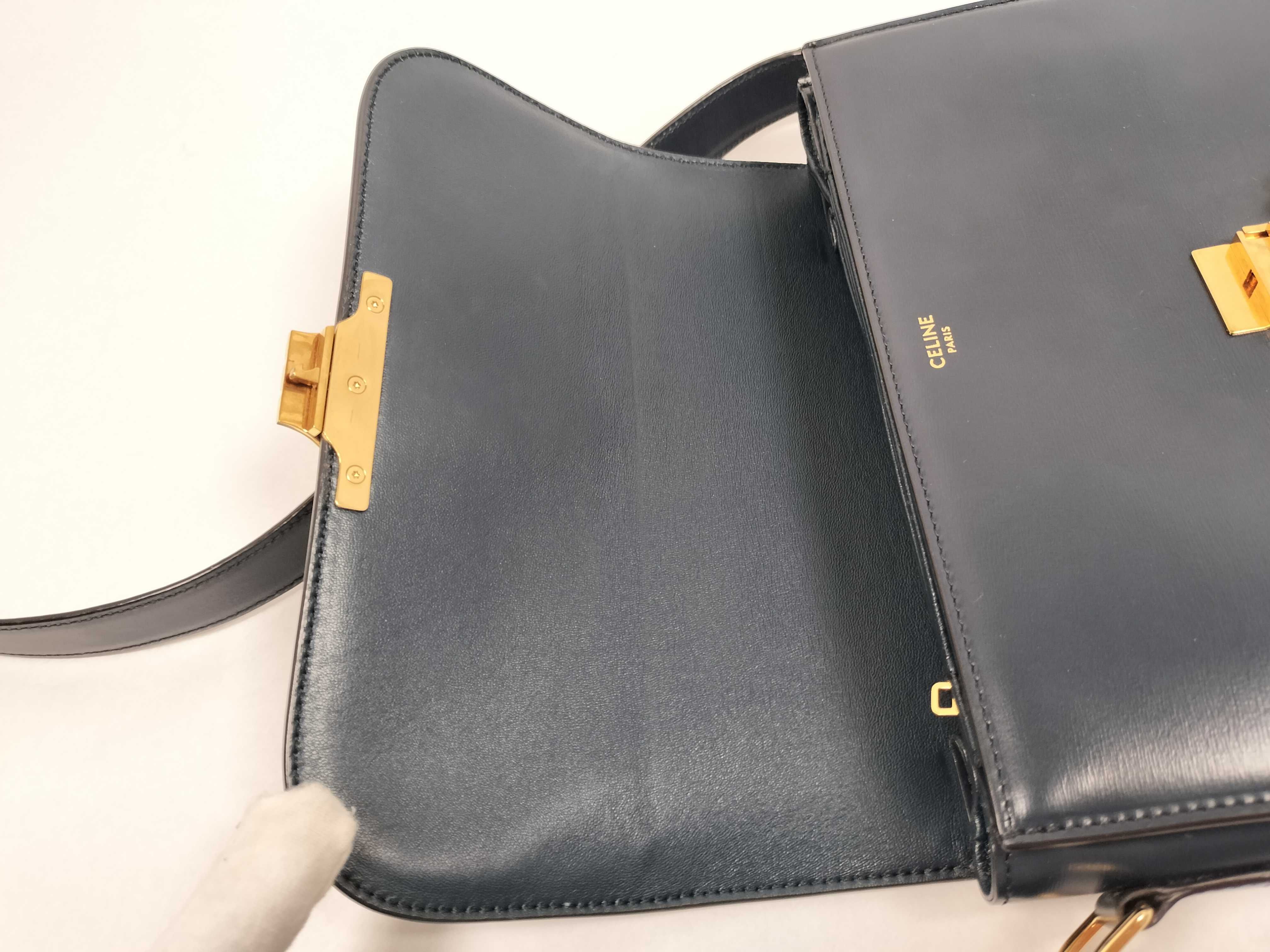 Triomphe Classic Leather Shoulder Bag, Navy, with dust bag. — view 8