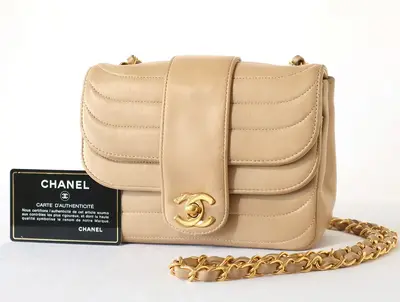 Mademoiselle Double Flap Chain Shoulder Bag, Beige