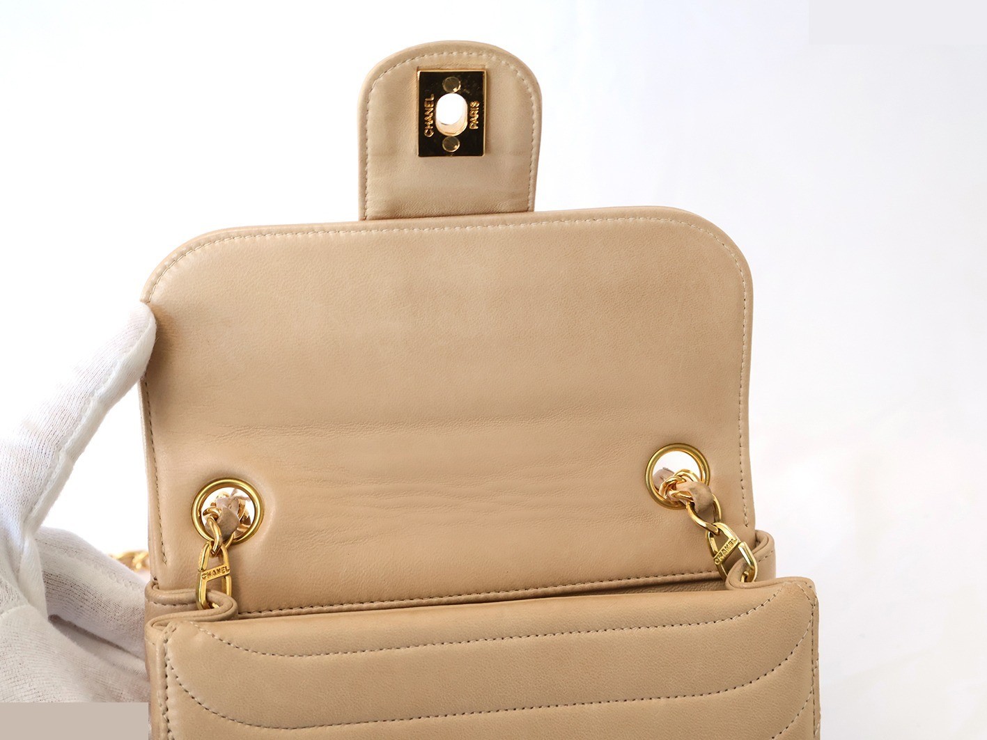 Mademoiselle Double Flap Chain Shoulder Bag, Beige — view 11