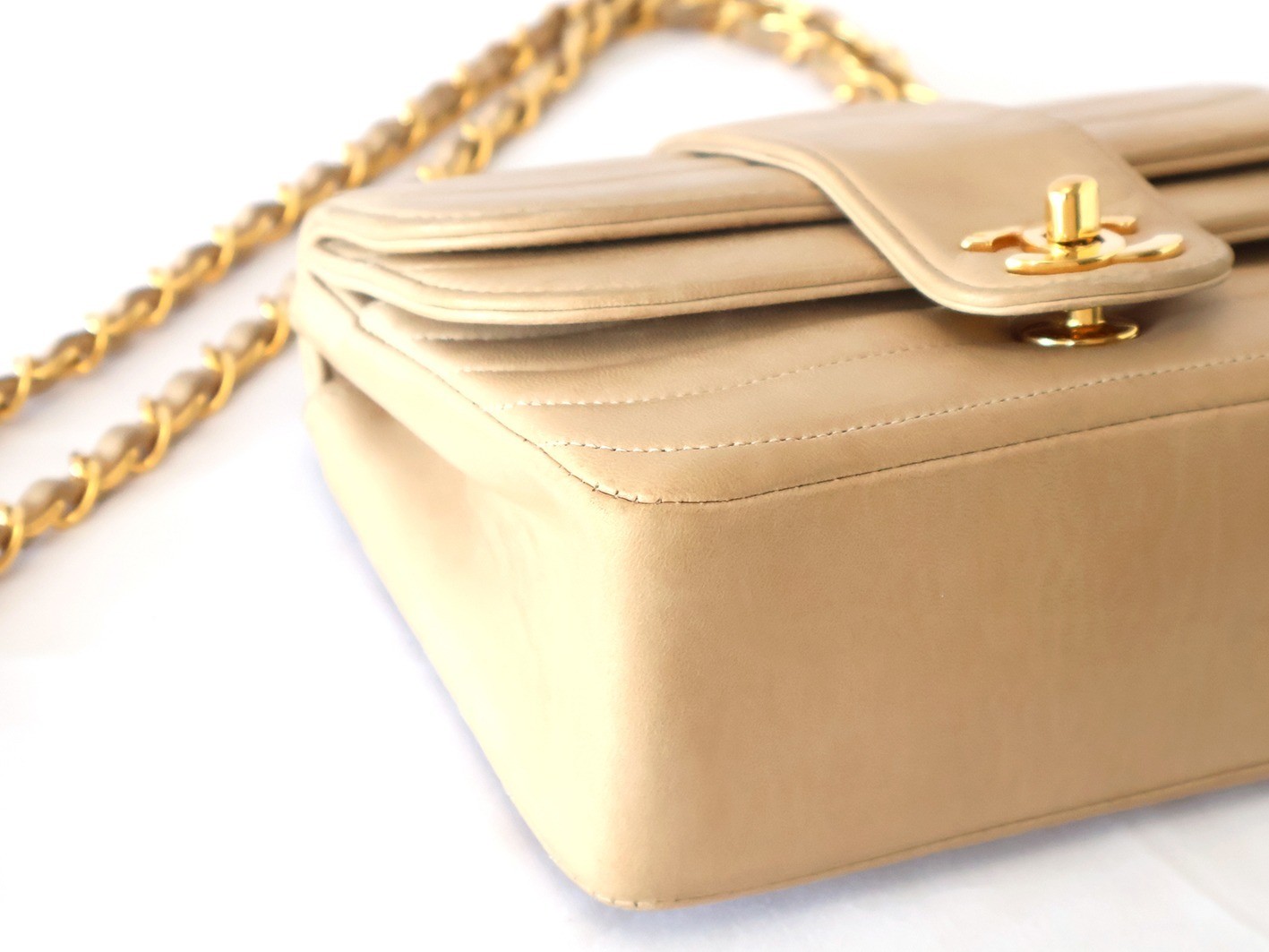 Mademoiselle Double Flap Chain Shoulder Bag, Beige — view 3